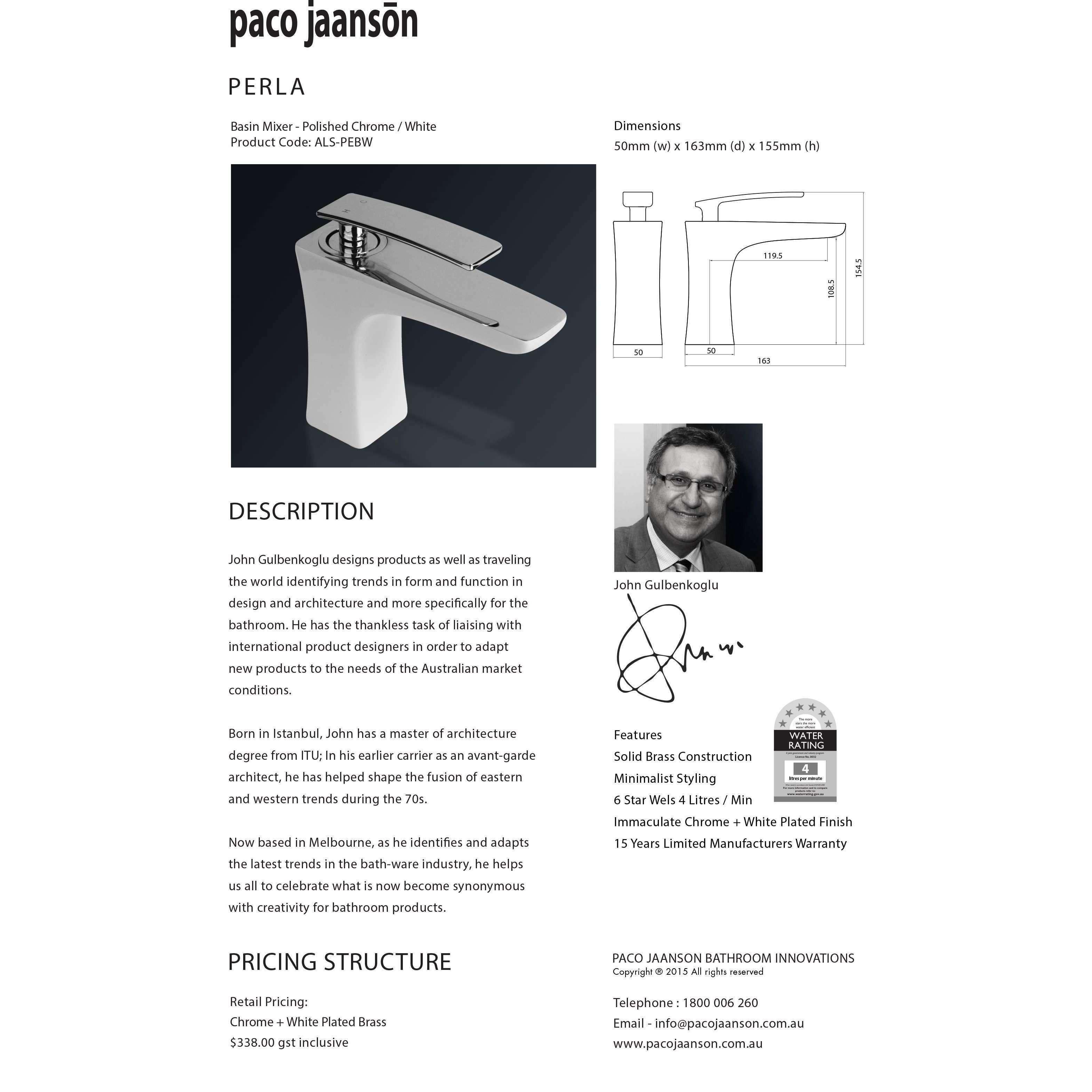 Paco Jaanson Perla Basin Mixer White/Chrome - Burdens Plumbing