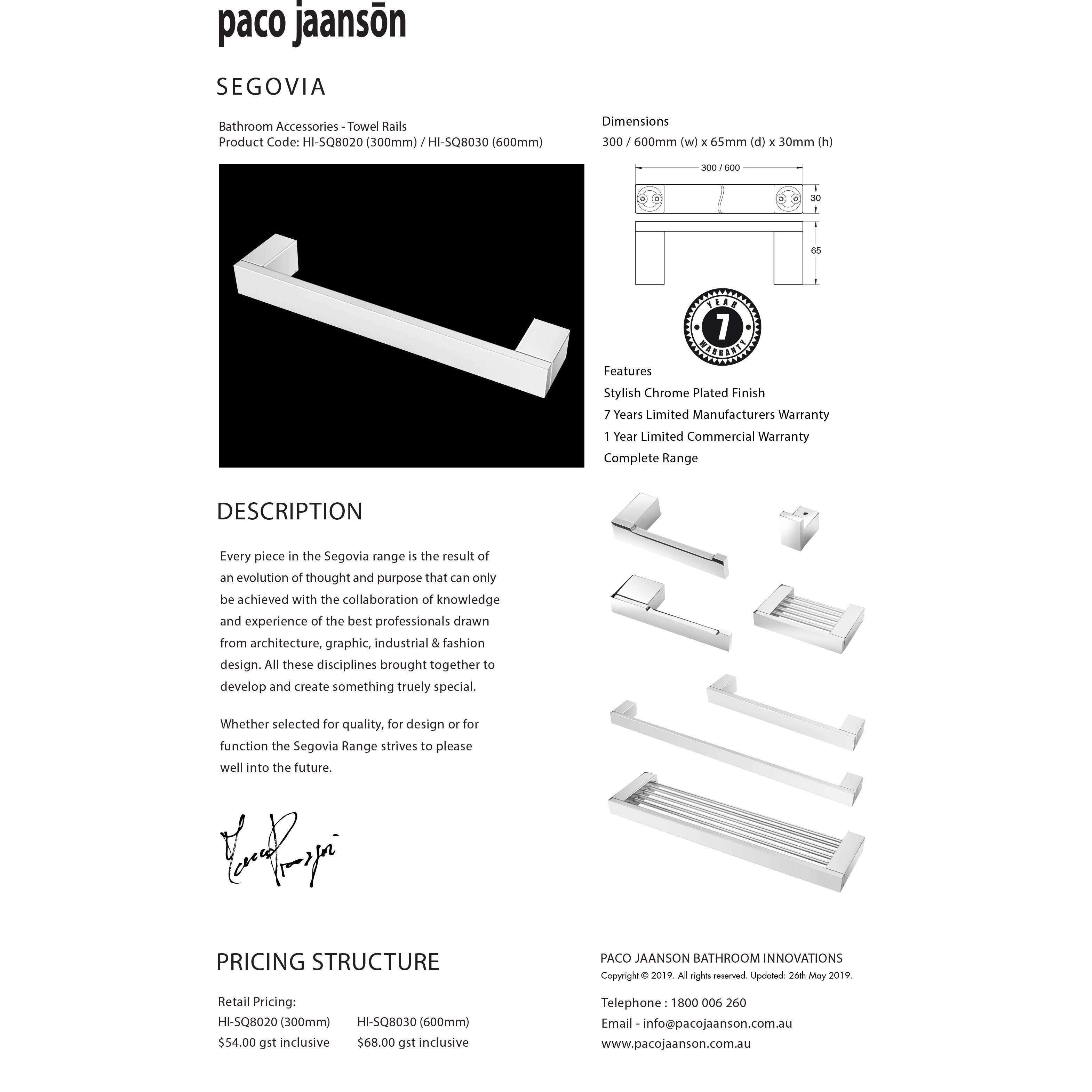 Paco Jaanson Segovia 300mm Single Towel Bar Chrome Hi-Sq8020 - Burdens Plumbing