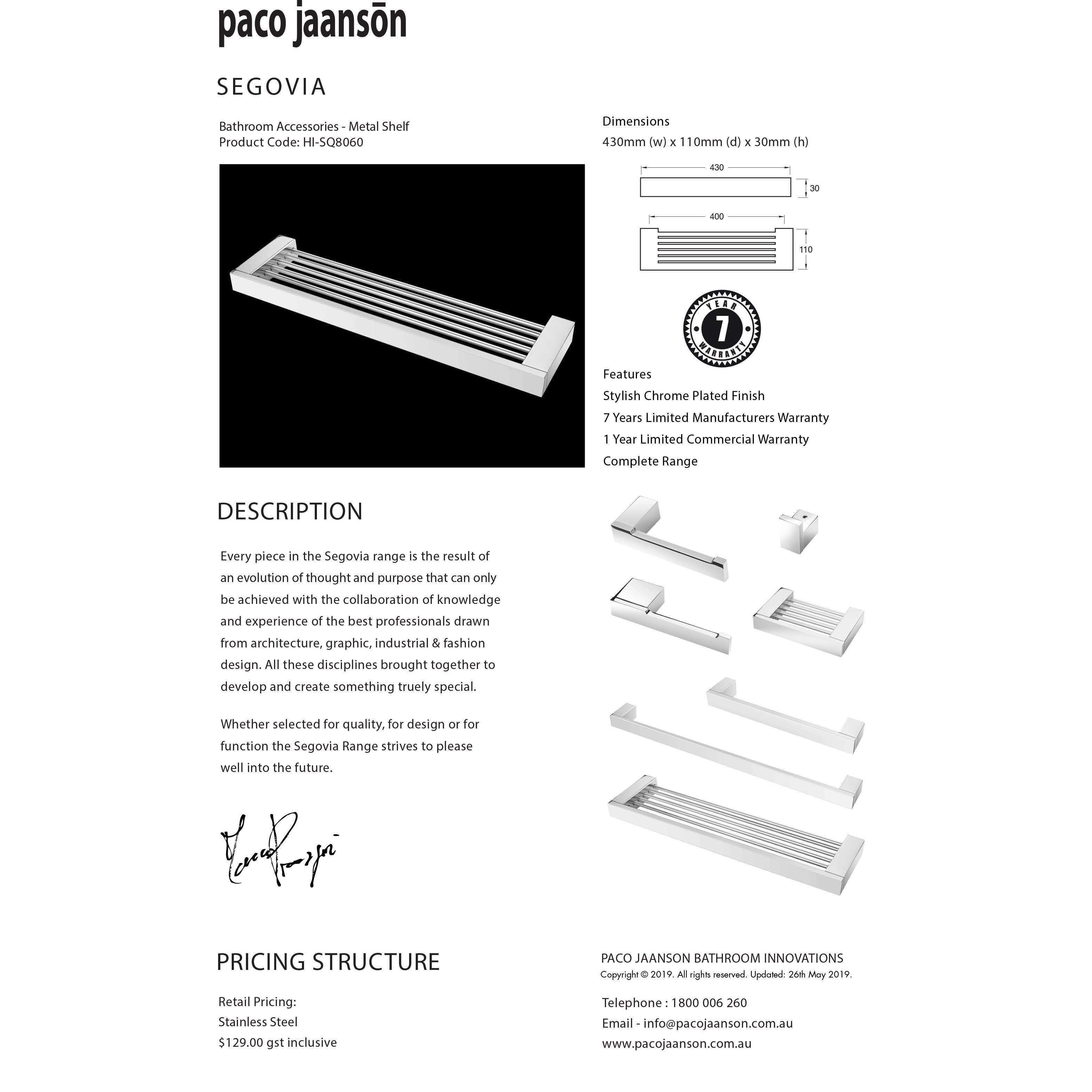 Paco Jaanson Segovia 430mm Metal Shelf Chrome Hi-Sq8060 - Burdens Plumbing