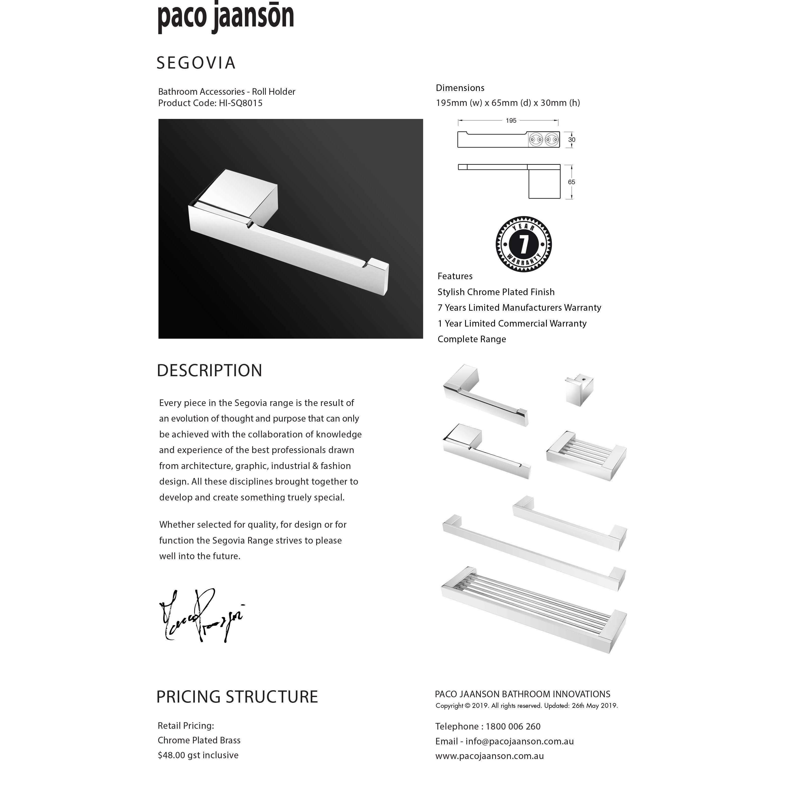 Paco Jaanson Segovia Double Fix Toilet Roll Holder Hi-Sq8015 - Burdens Plumbing