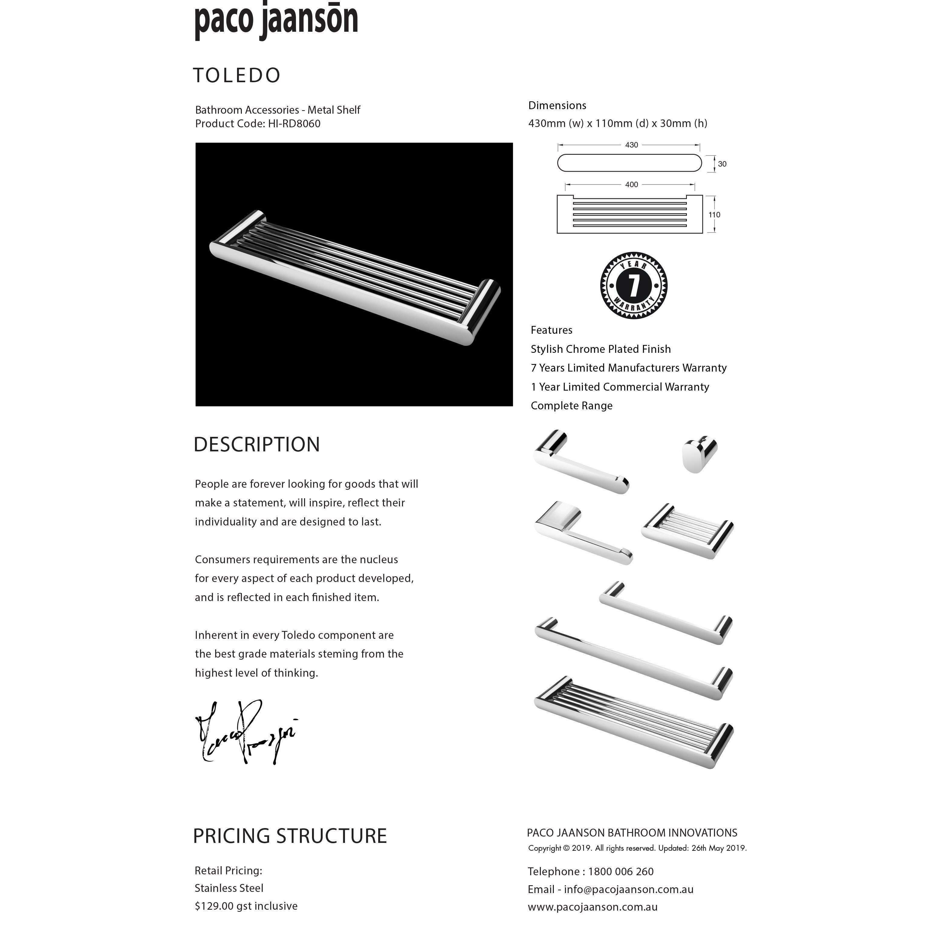 Paco Jaanson Toledo Metal Shelf 430mm Chrome Hi-Rd8060 - Burdens Plumbing