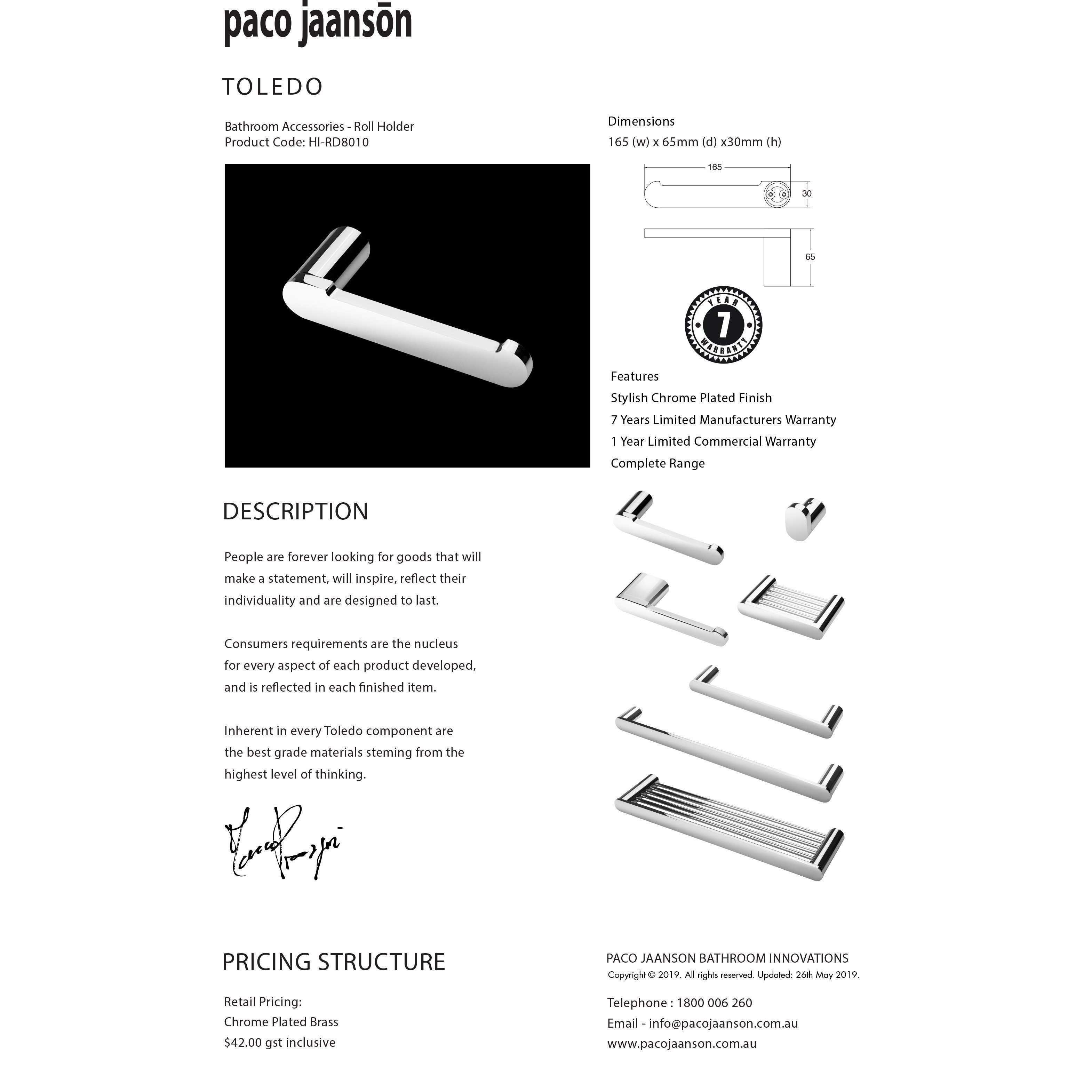 Paco Jaanson Toledo Toilet Roll Holder Chrome Hi-Rd8010 - Burdens Plumbing