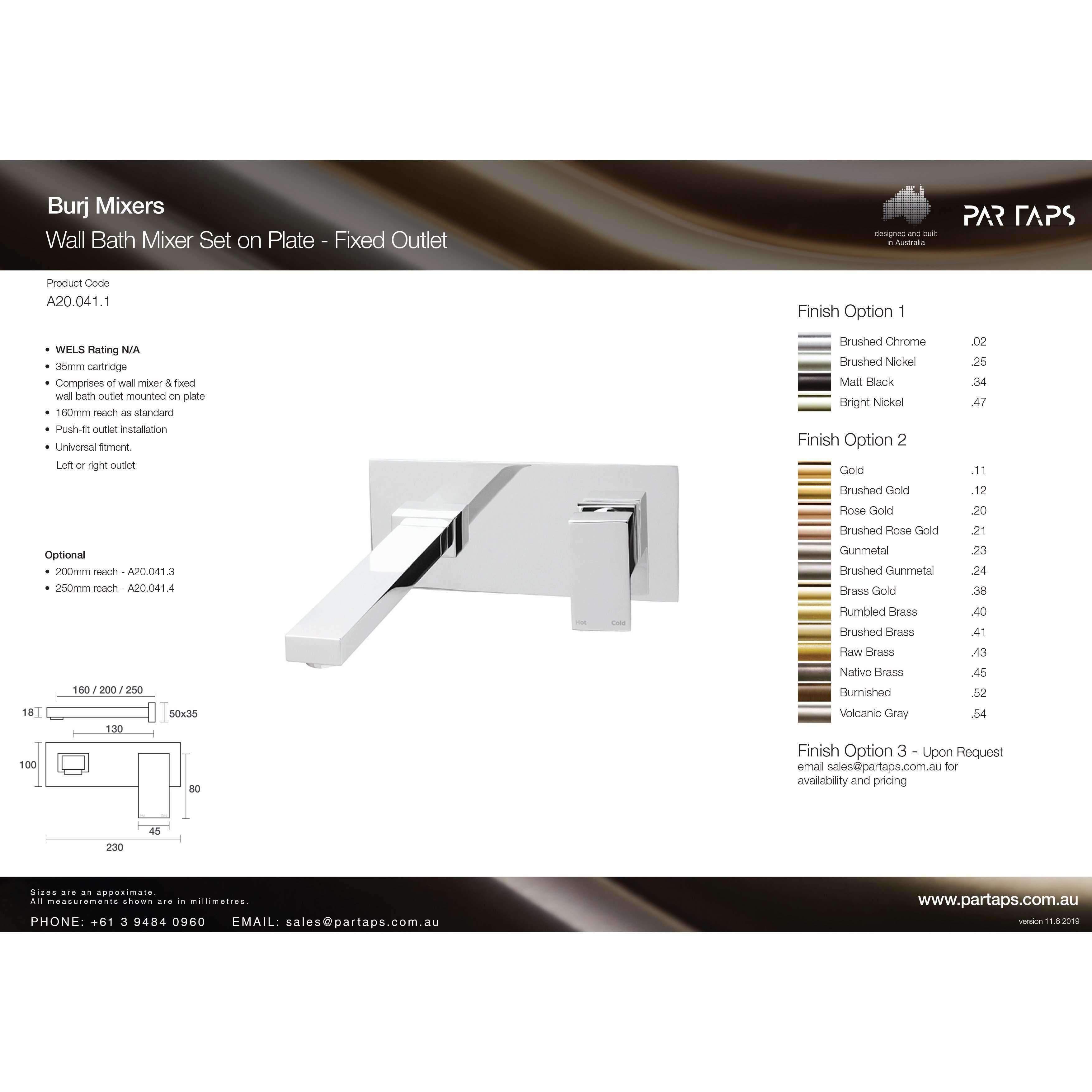 Par Burj Wall Bath Mixer Set On Plate 160mm Chrome (A20.041.1.01) - Burdens Plumbing