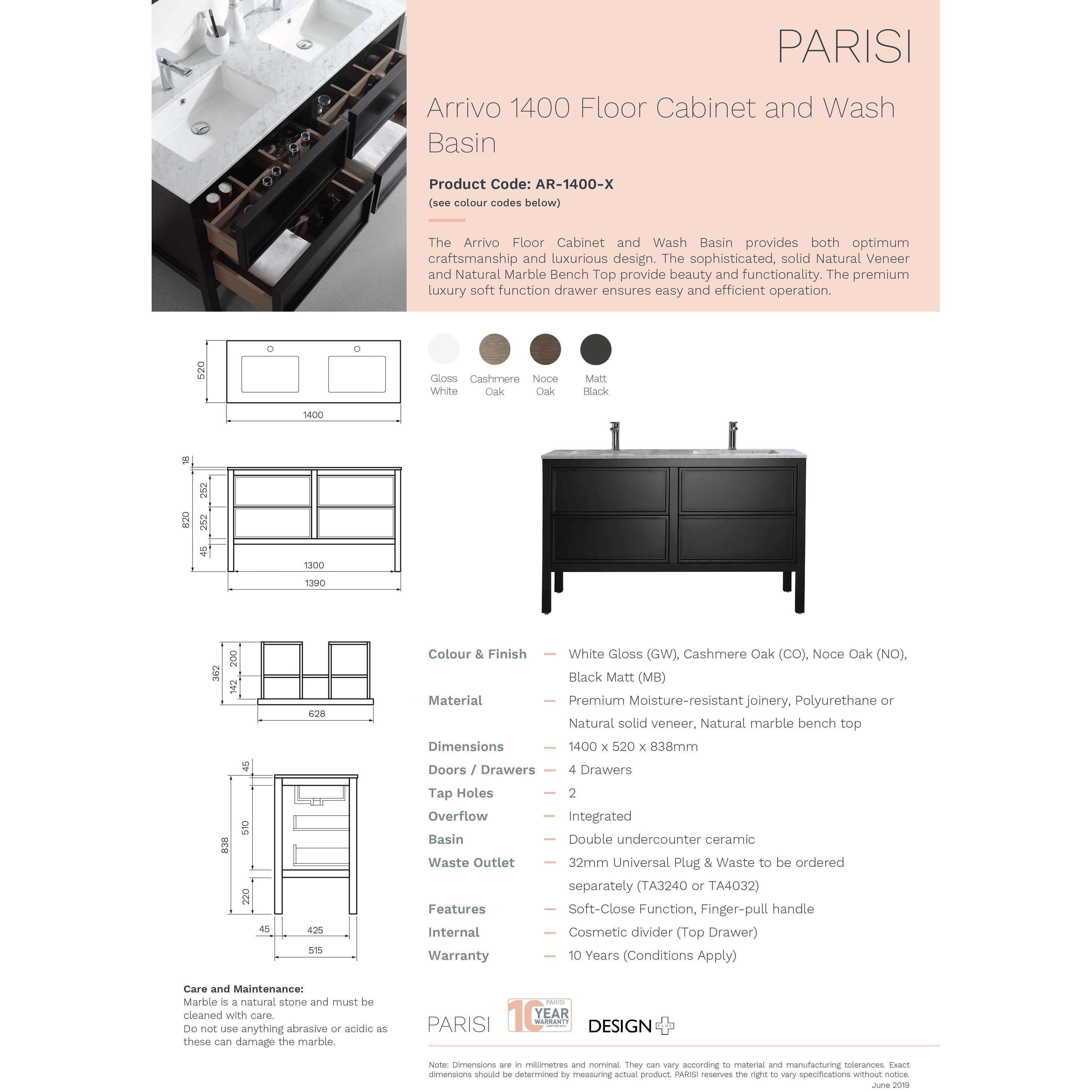 Parisi Arrivo Vanity Matt Black Cabinet & Wash Basin Ar-1400-Mb - Burdens Plumbing