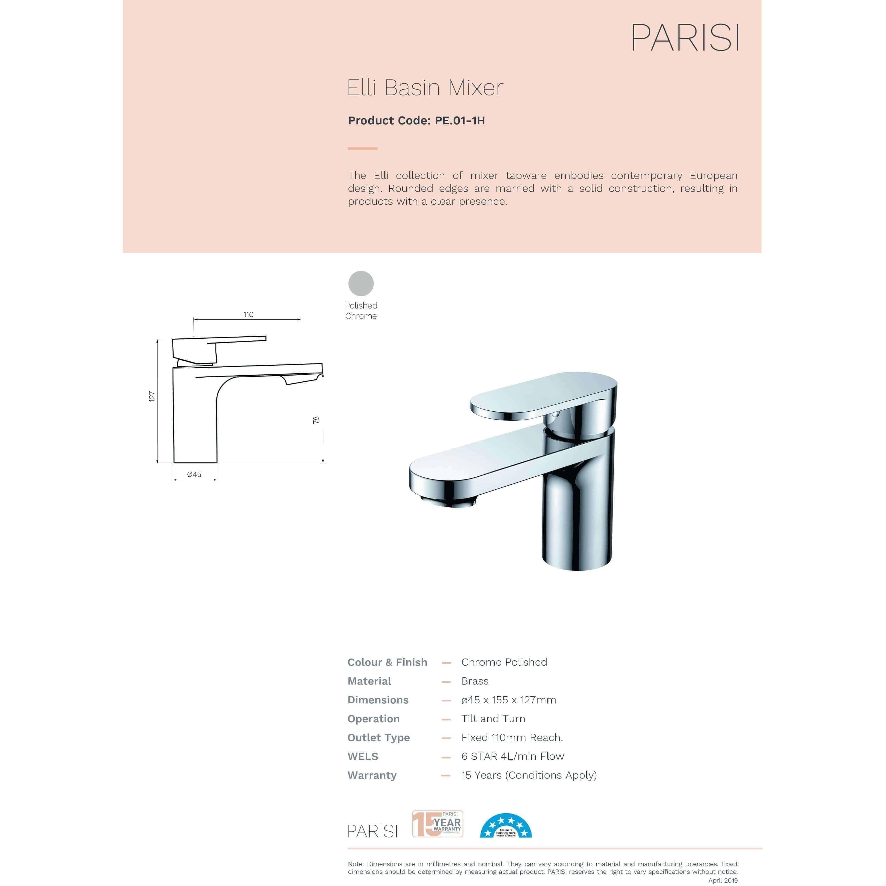 Parisi Elli Basin Mixer Chrome - Burdens Plumbing