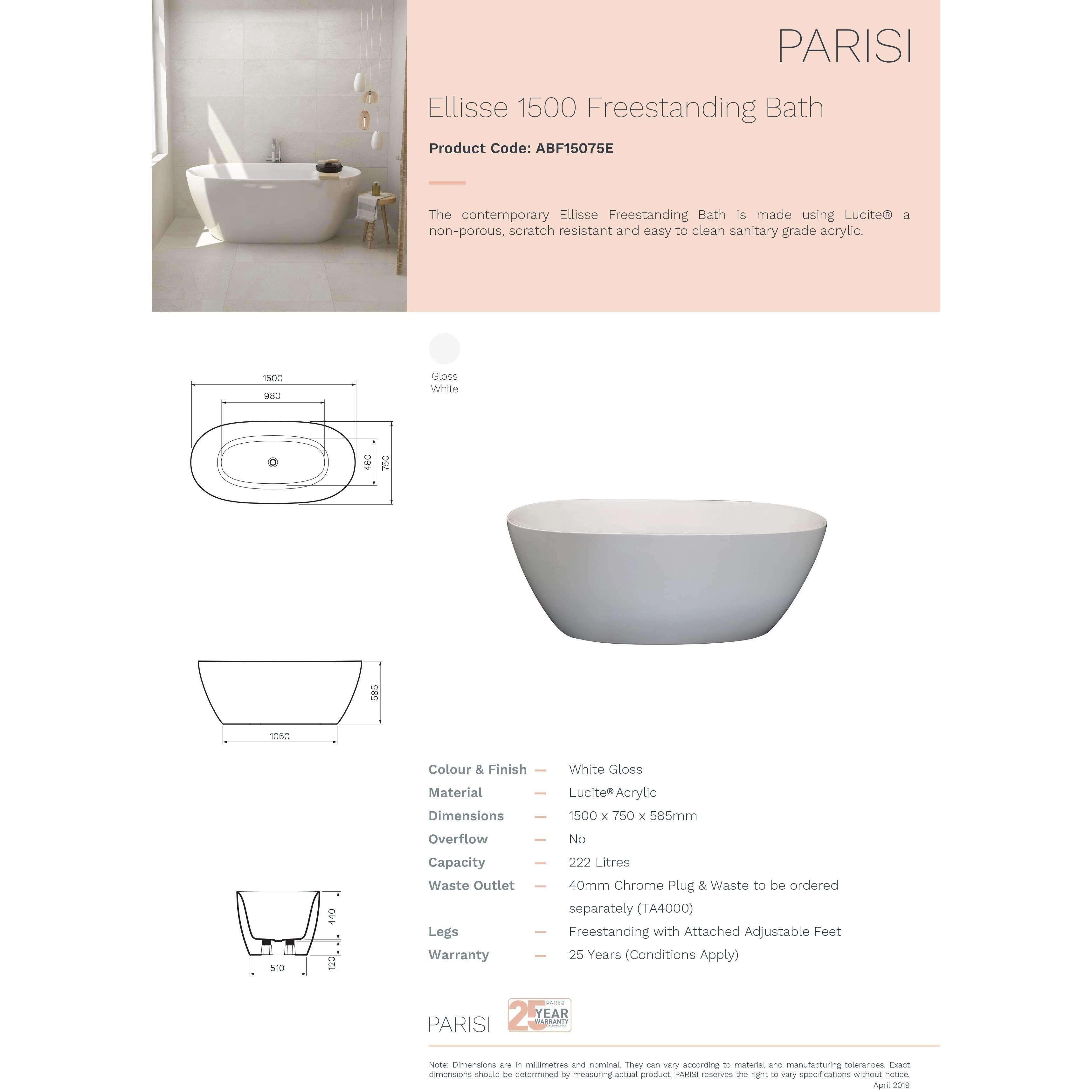 Parisi Ellisse 1500 Freestanding Bath White Abf15075E - Burdens Plumbing