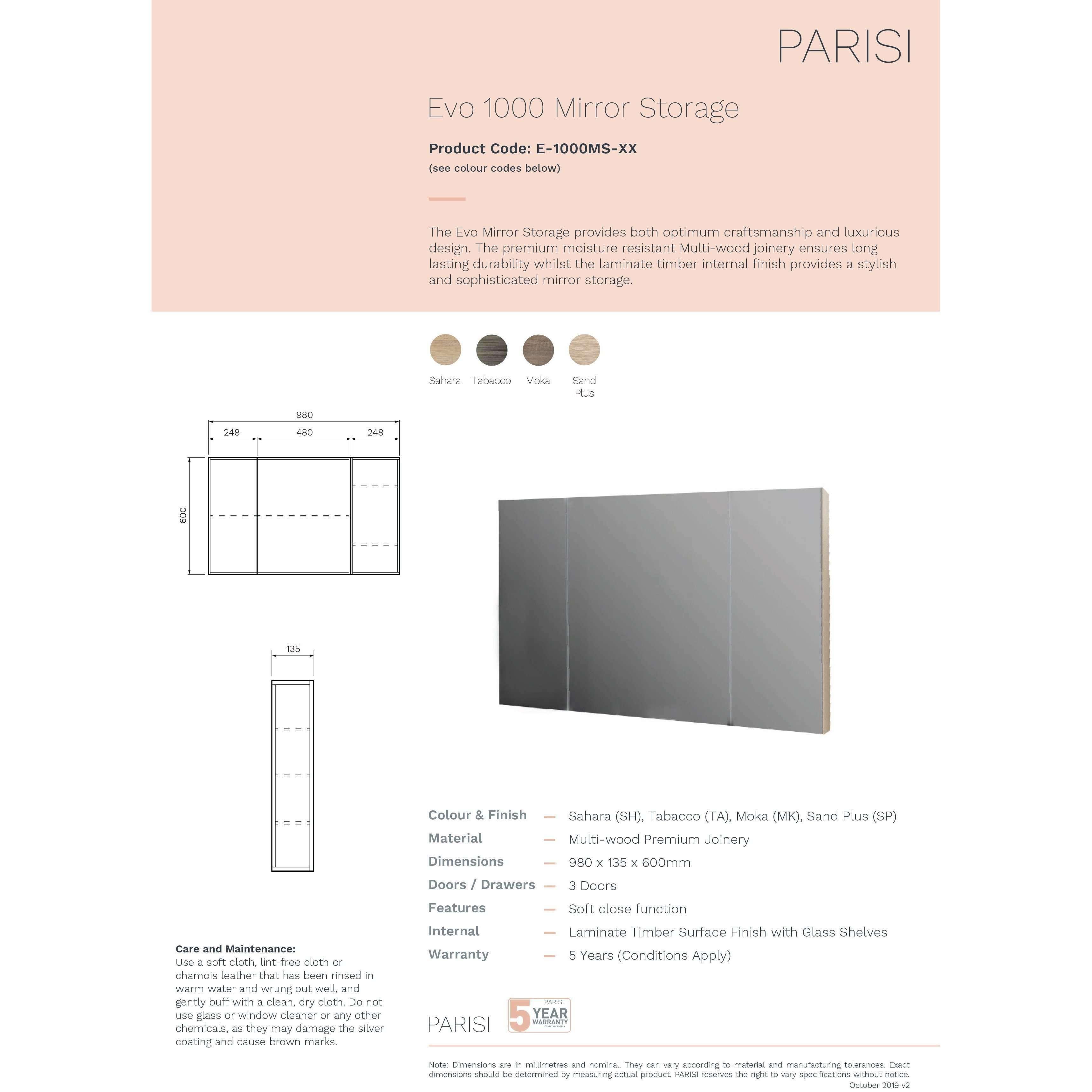 Parisi Evo 1000 Mirror Cabinet Sand E-1000Ms-Sp - Burdens Plumbing
