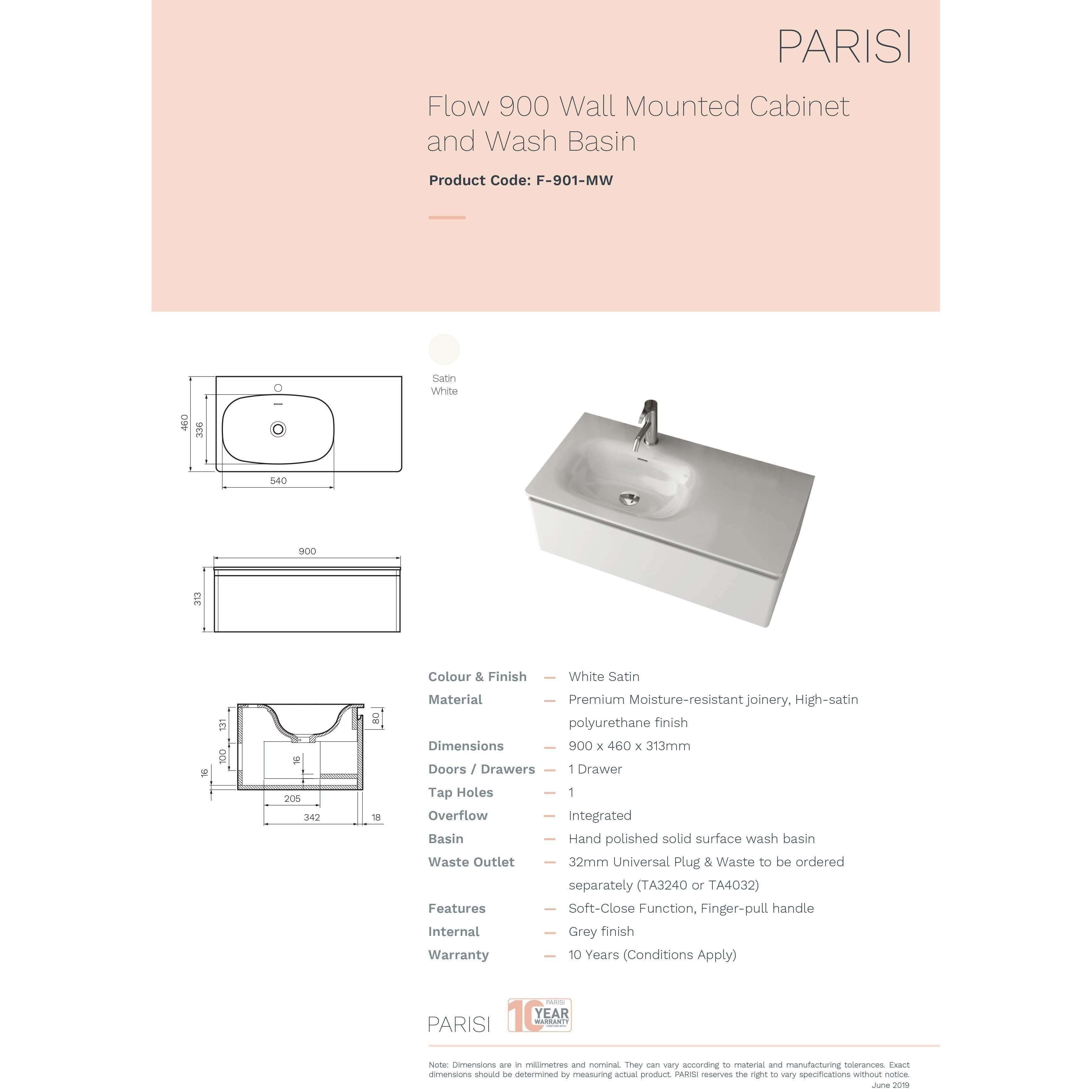 Parisi Flow 900 Wall Hung Vanity & Wash Basin White - Burdens Plumbing