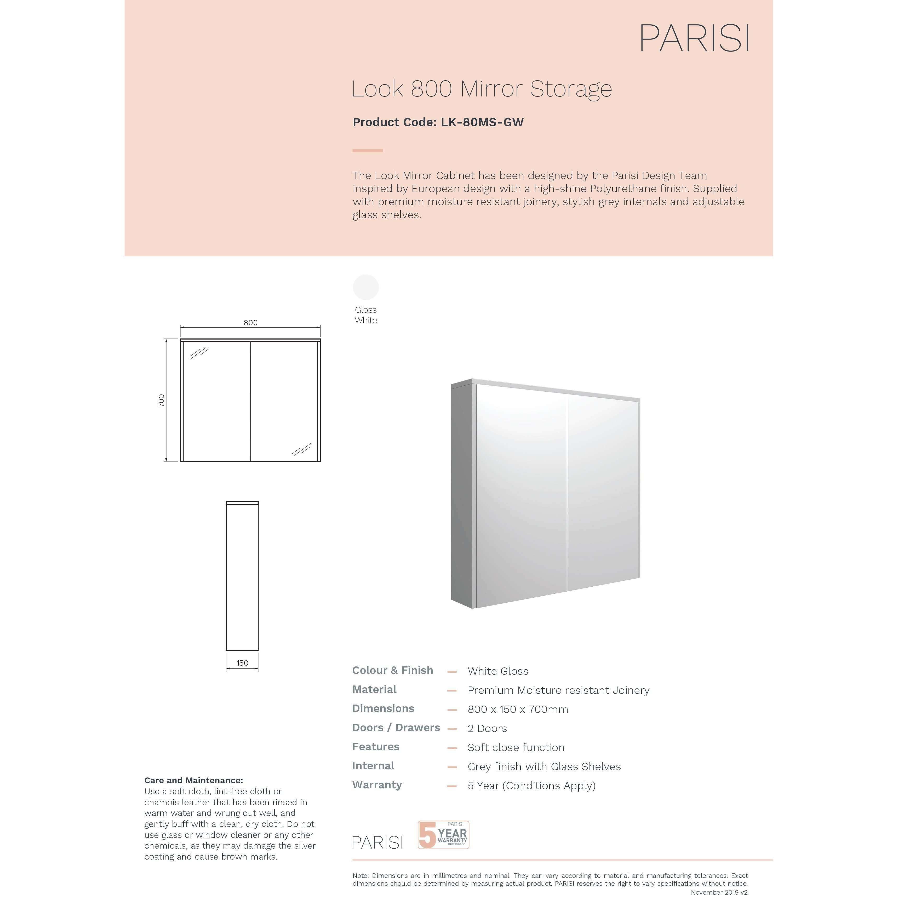 Parisi Look 80 Mirror Cabinet Gloss White 800 X 700 X 150mm - Burdens Plumbing