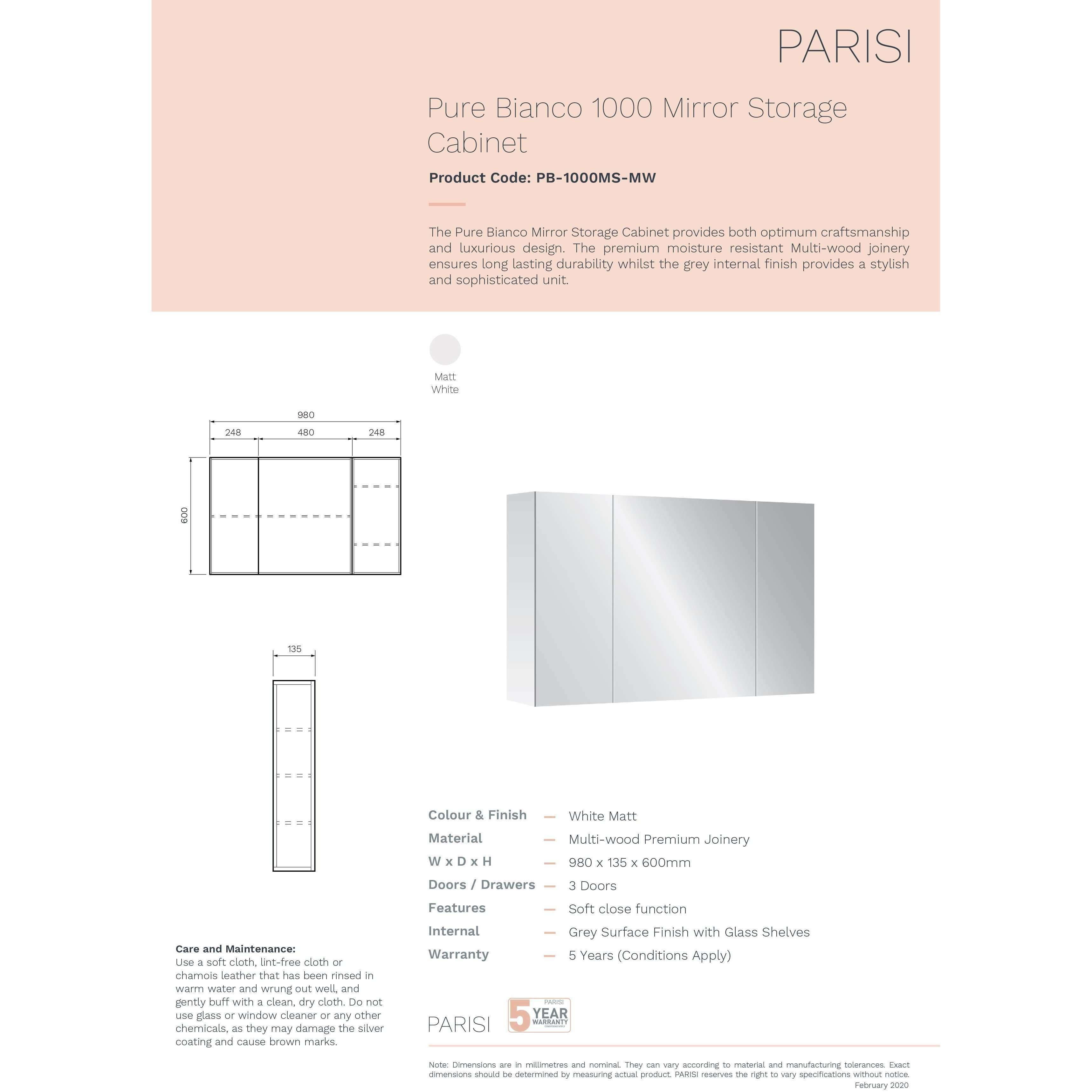 Parisi Pure Bianco 1000mm Mirror Cabinet Matt White Pb-1000Ms-Mw - Burdens Plumbing