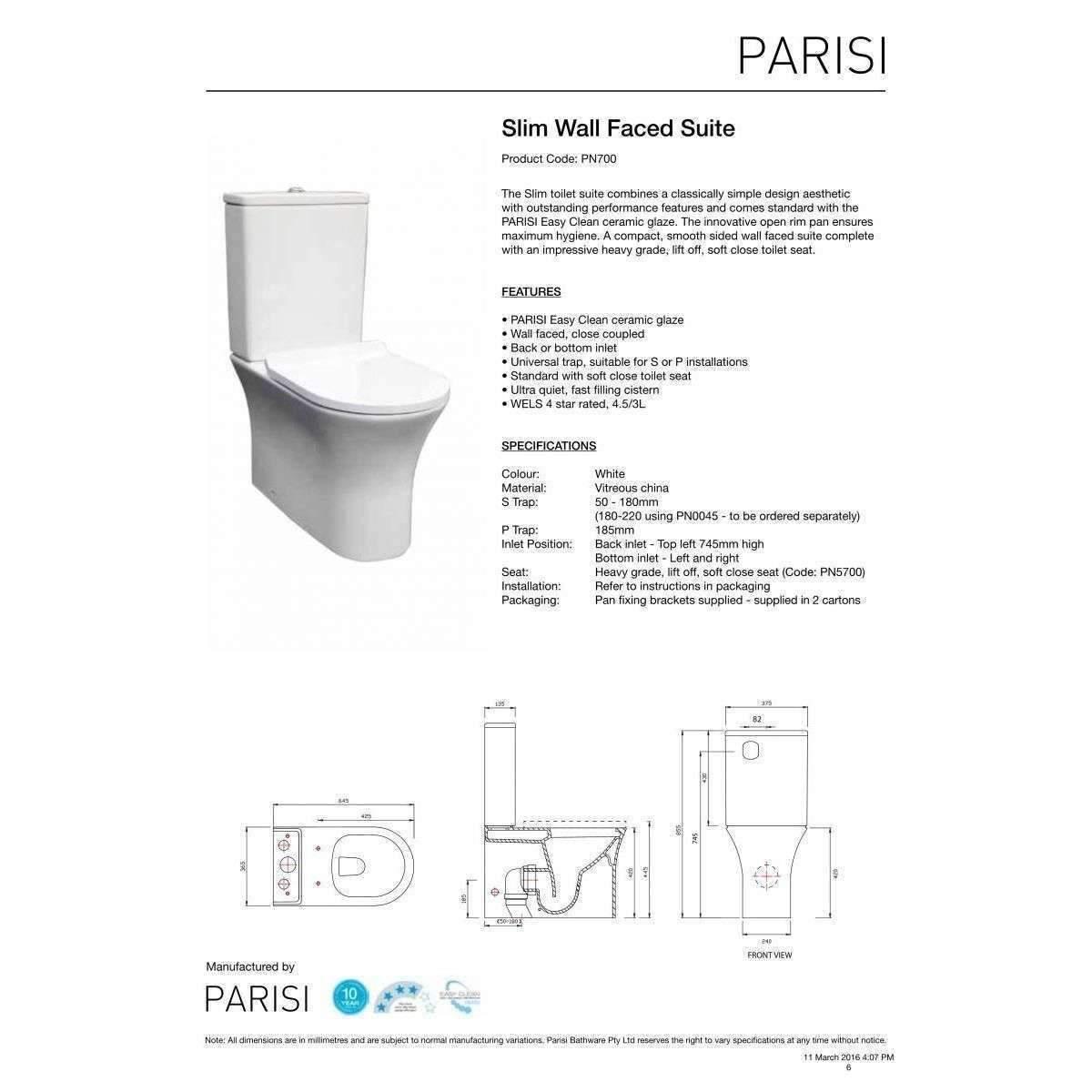 Parisi Slim Rimless Wall Faced Suite White **Pn700** - Burdens Plumbing