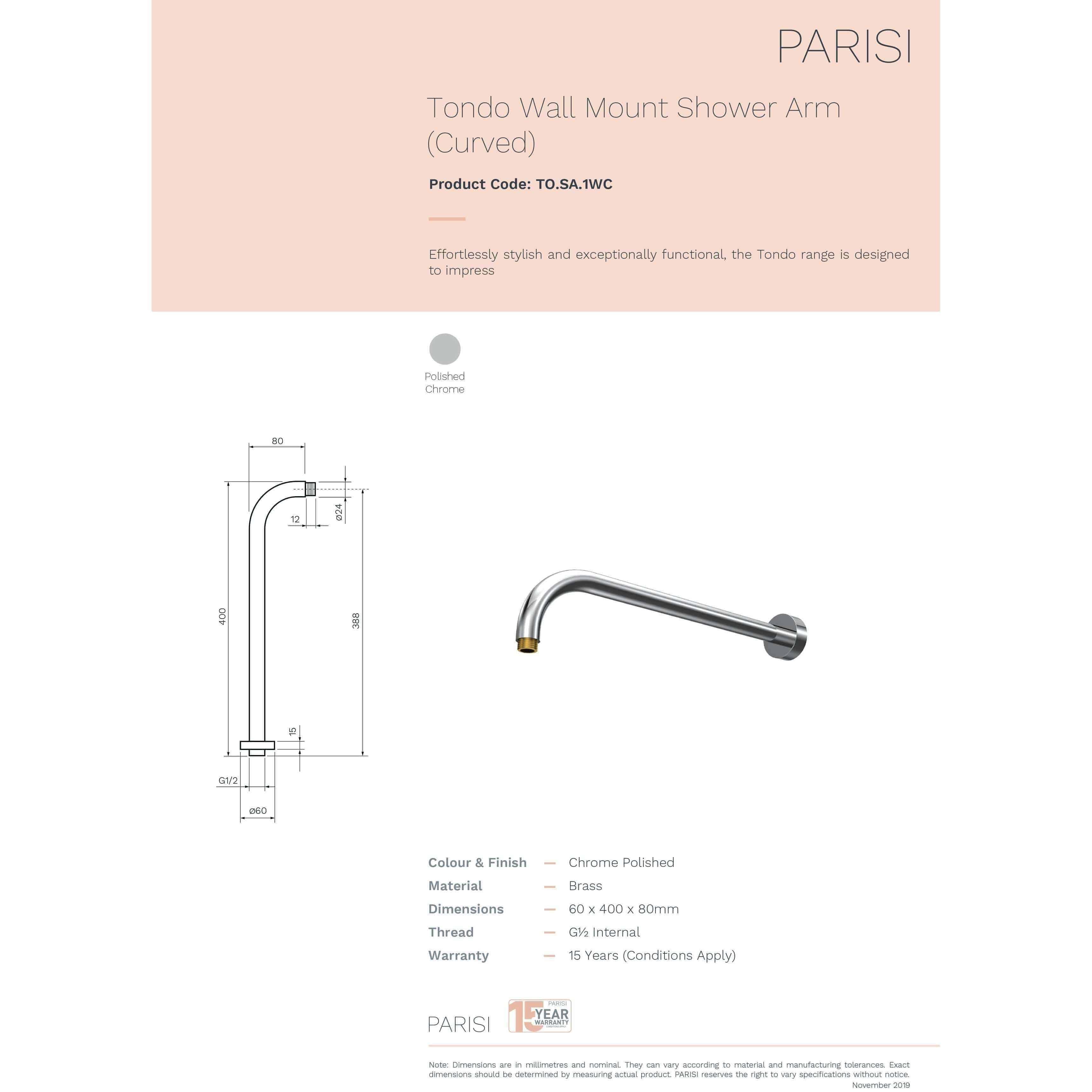 Parisi Tondo Curved Wall Arm 400mm Chrome To.Sa.1Wc - Burdens Plumbing