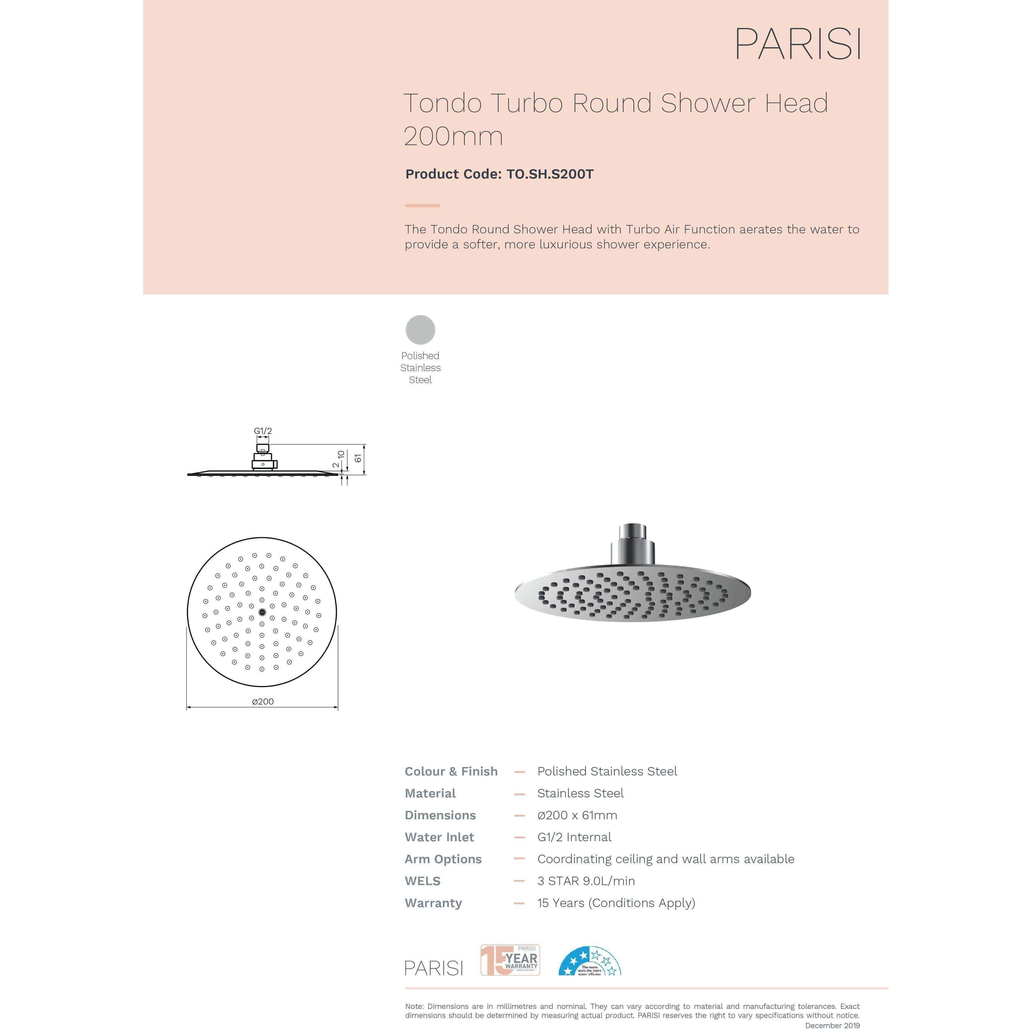 Parisi Tondo Turbo Shower Head 200mm Polished Stainless Steel - Burdens Plumbing