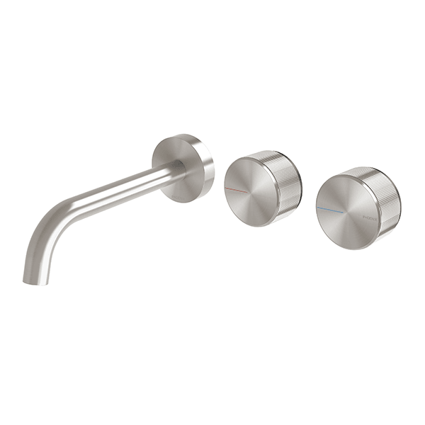 Phoenix Axia Wall Basin/Bath Curved Outlet Hostess Set 180mm Brushed Nickel - Burdens Plumbing
