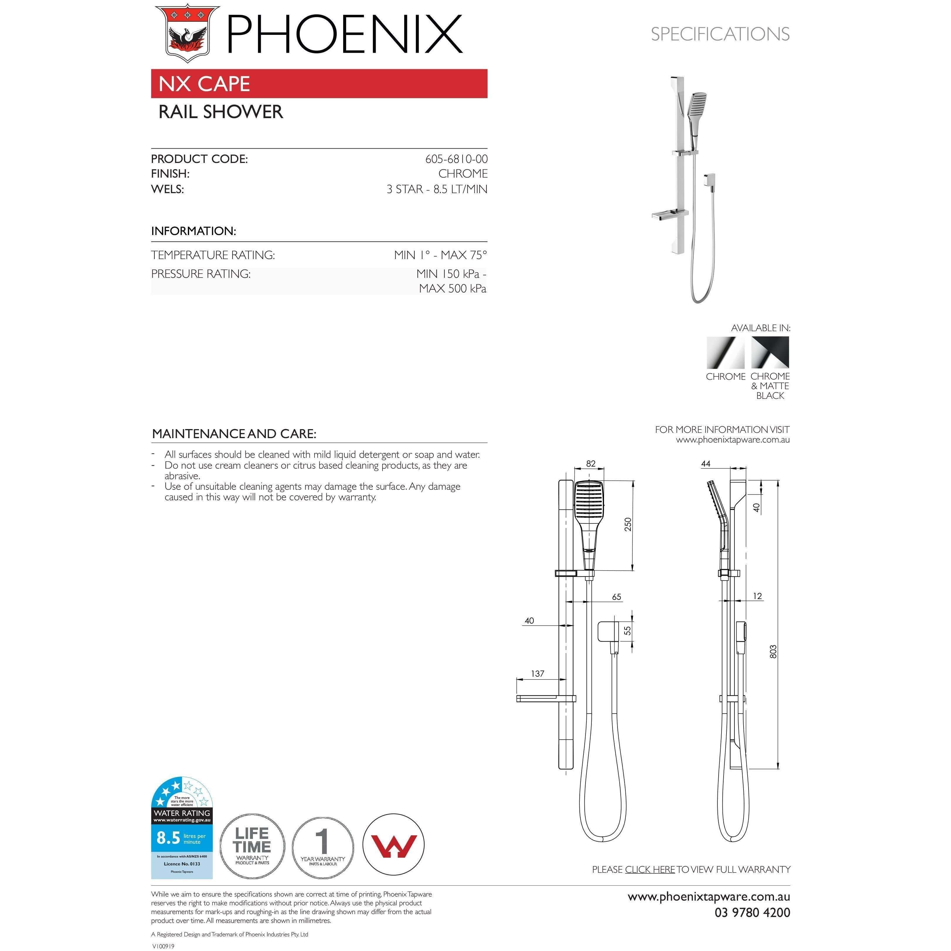 Phoenix Nx Cape Rail Shower Chrome 605-6810-00 - Burdens Plumbing