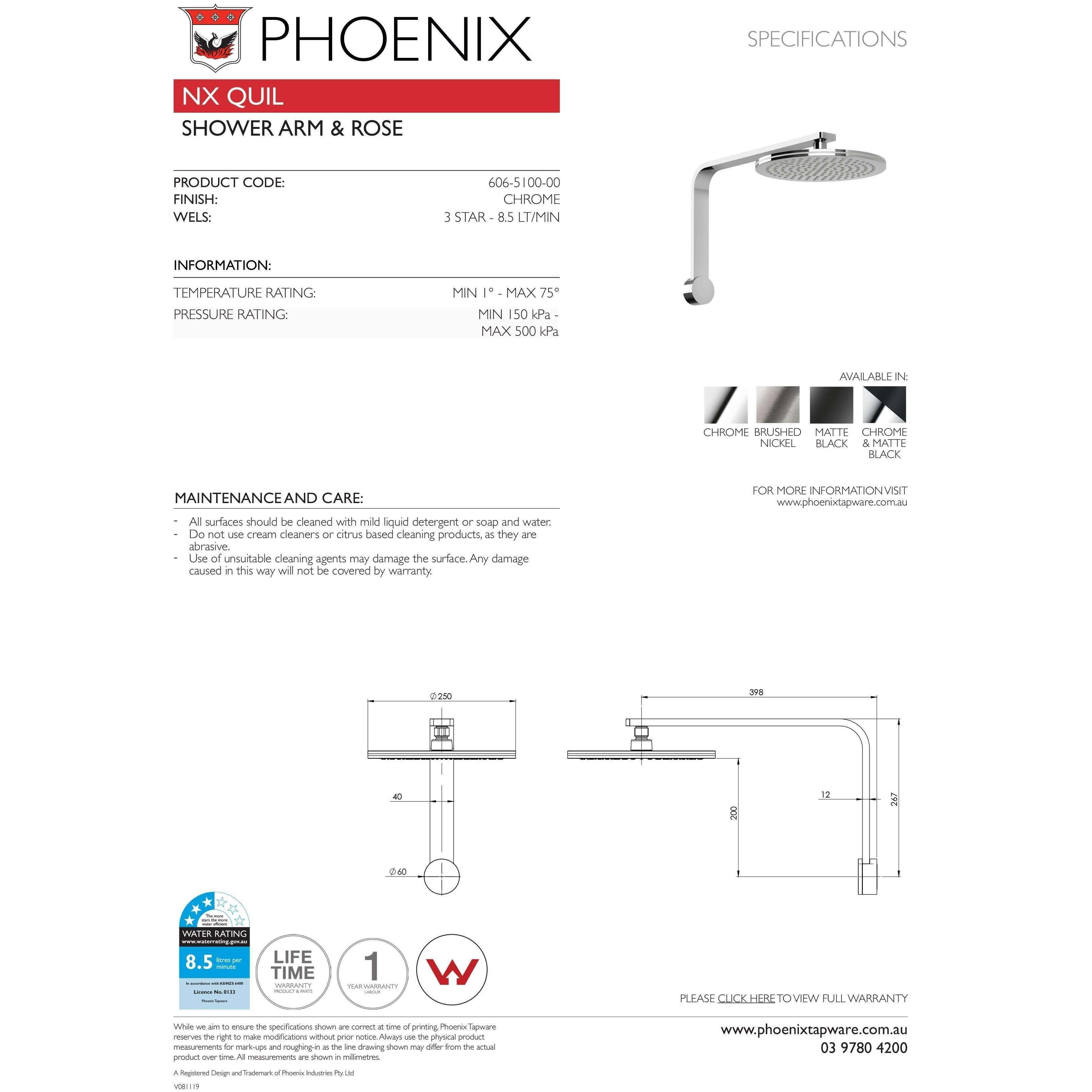Phoenix Nx Quil Shower Arm & Rose Chrome 606-5100-00 - Burdens Plumbing
