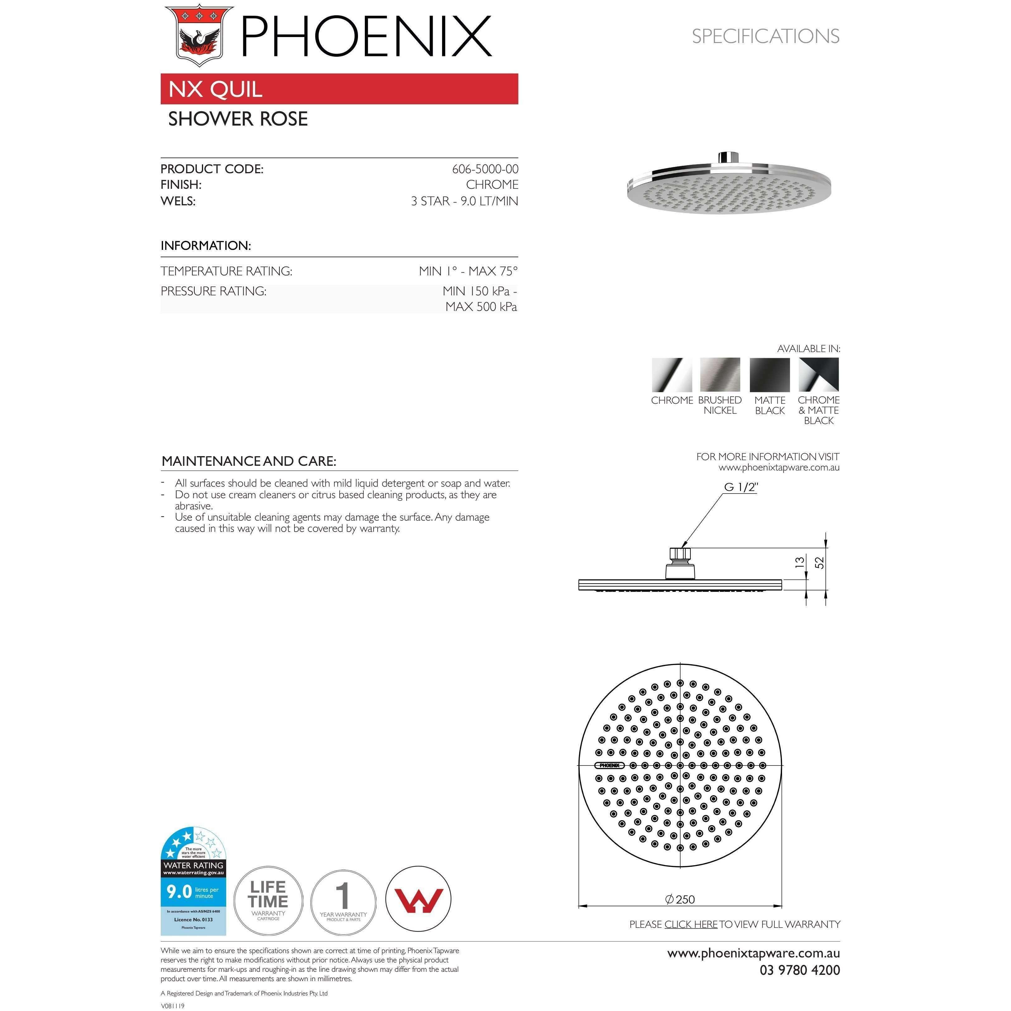 Phoenix Nx Quil Shower Rose Chrome 606-5000-00 - Burdens Plumbing