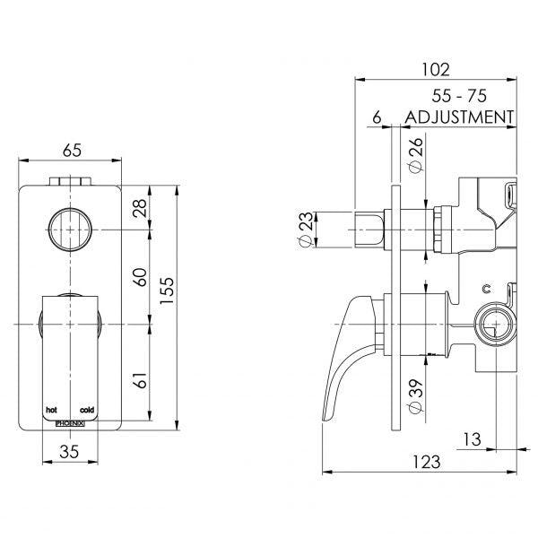 Phoenix Rush Shower/Bath Diverter Mixer-Brushed Nickel - Burdens Plumbing