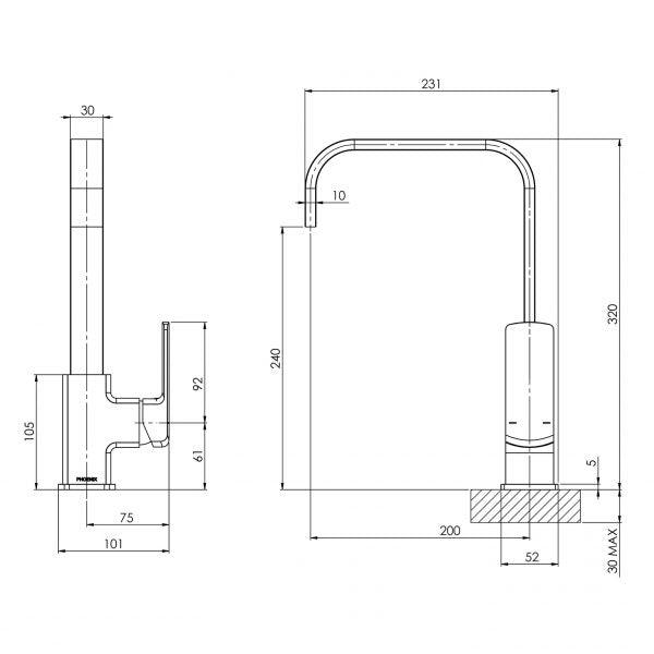 Phoenix Teva Sink Mixer 200mm Squareline Brushed Nickel - Burdens Plumbing