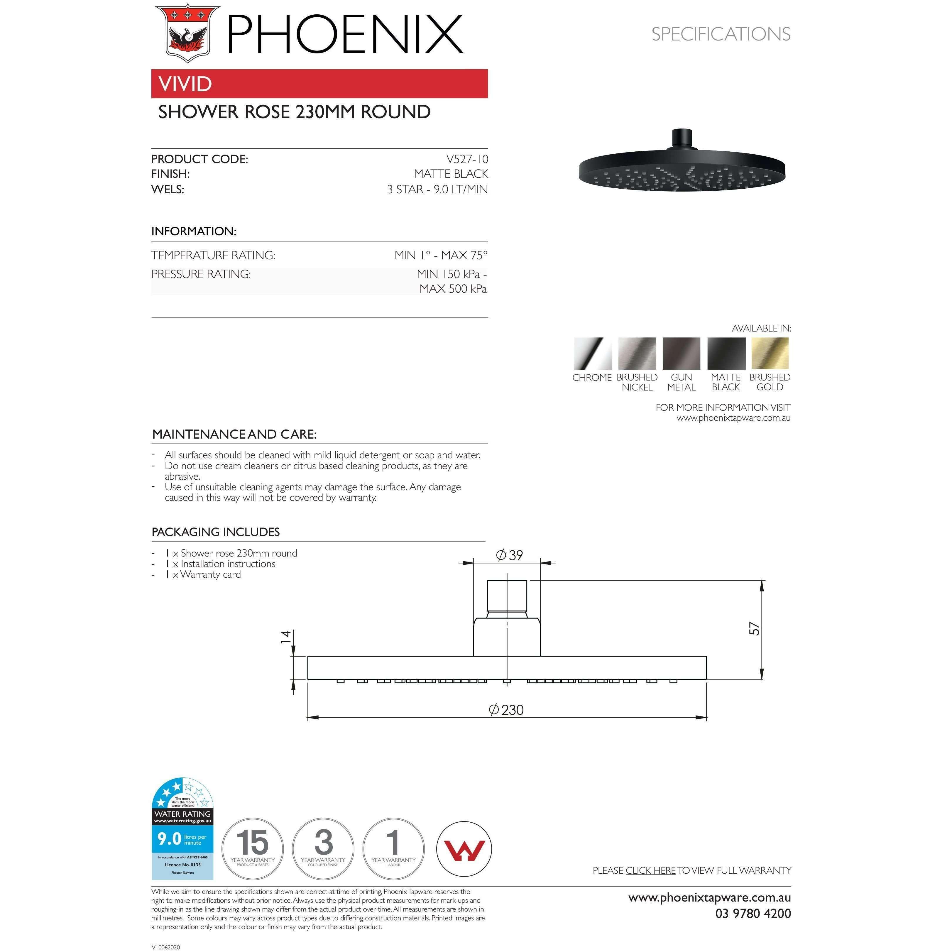 Phoenix Vivid Shower Rose Only 230mm Rnd Matt Black - Burdens Plumbing