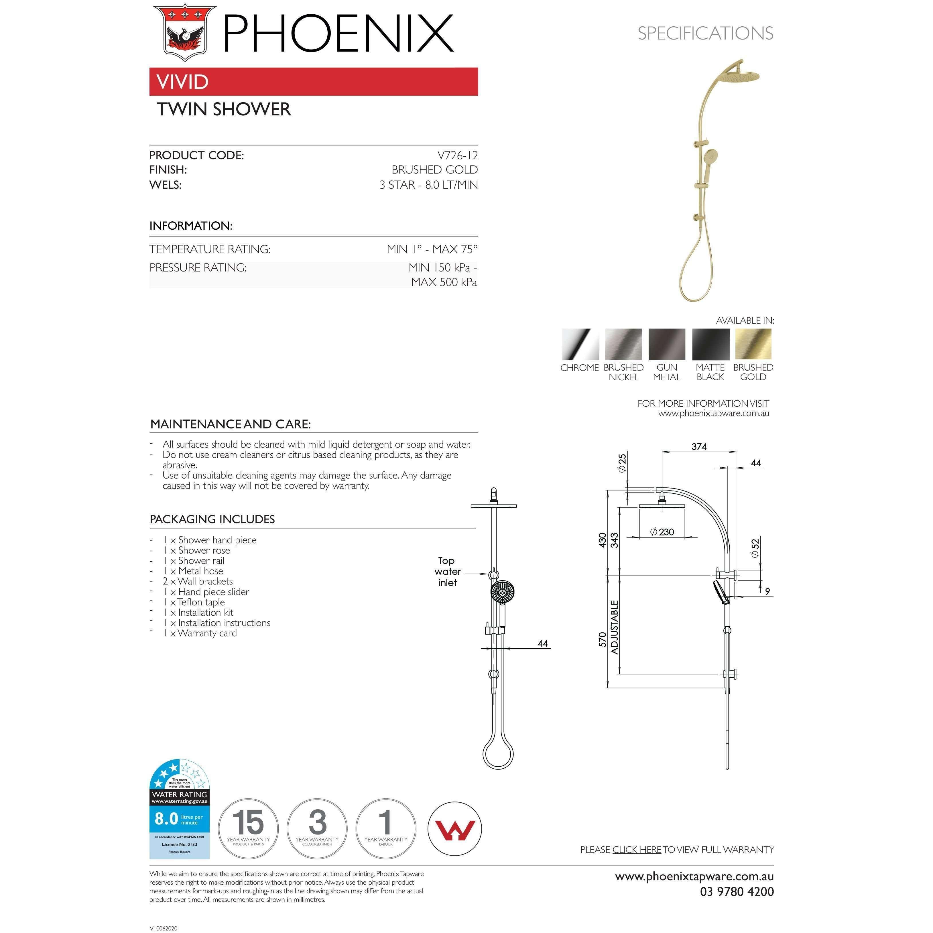 Phoenix Vivid Slim Twin Shower Brushed Gold - Burdens Plumbing