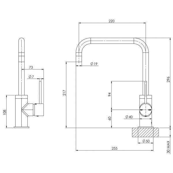 Phoenix Vivid Slimline Side Lever Sink Mixer 220mm Squareline-Matte Black - Burdens Plumbing