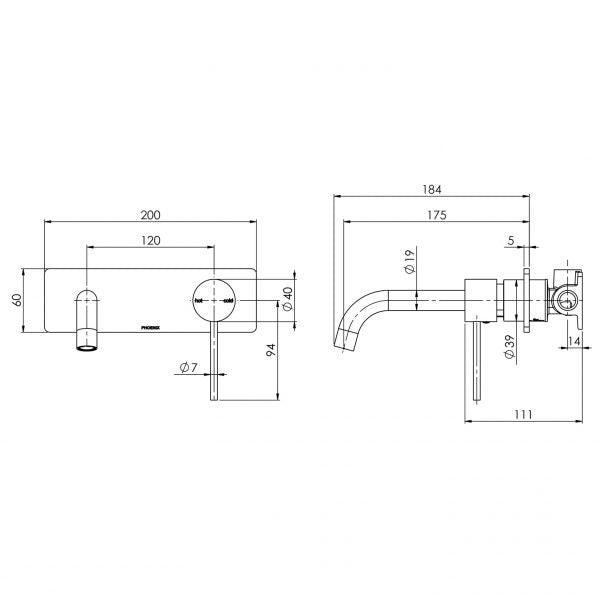 Phoenix Vivid Slimline Wall Basin Set 180mm Curved-Brushed Nickel - Burdens Plumbing