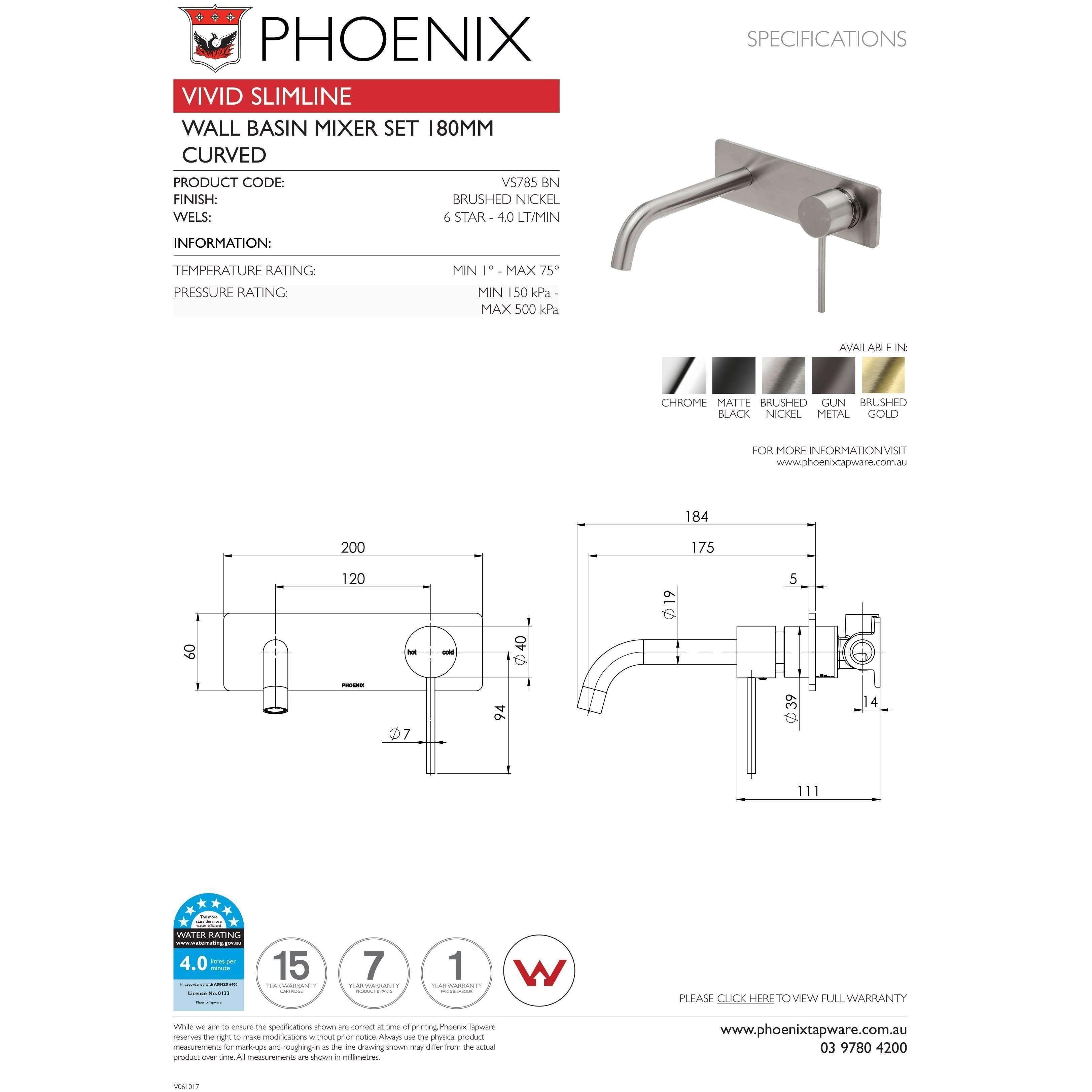 Phoenix Vivid Slimline Wall Mixer Set B/Nickel Vs785Bn - Burdens Plumbing