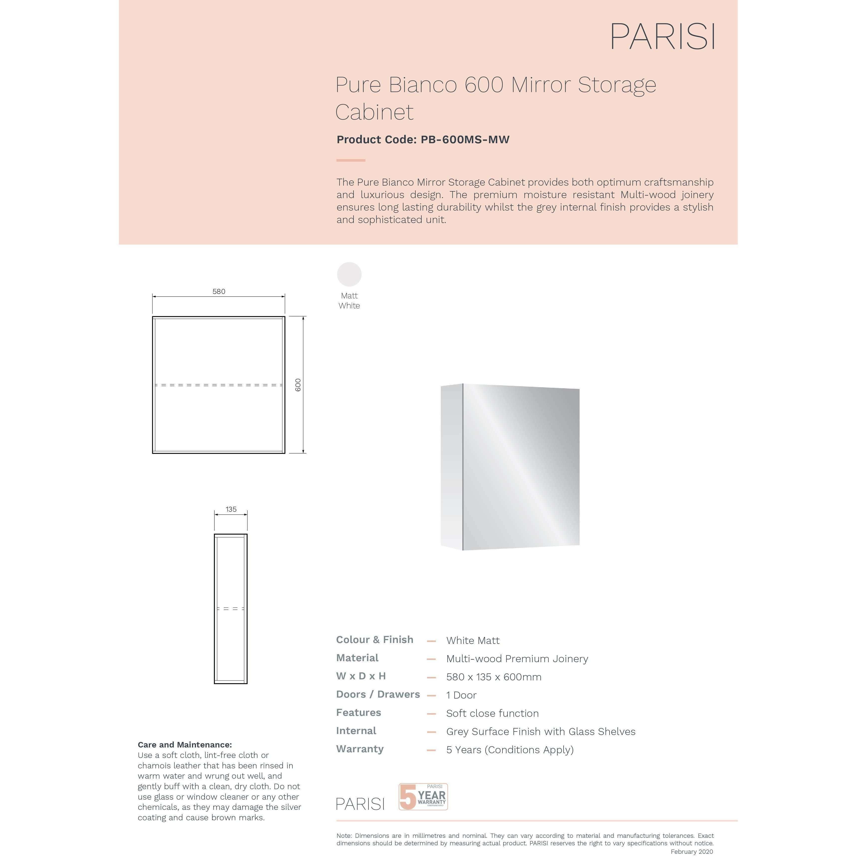 Pure Bianco 600 Mirror Cabinet (Matt White) - Burdens Plumbing