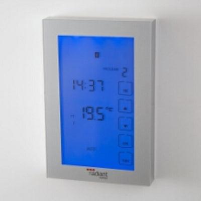 RADIANT GLASS FRONTED TOUCH SCREEN THERMOSTAT VERTICAL MOUNTED SILVER GTSS-TH-V - Burdens Plumbing