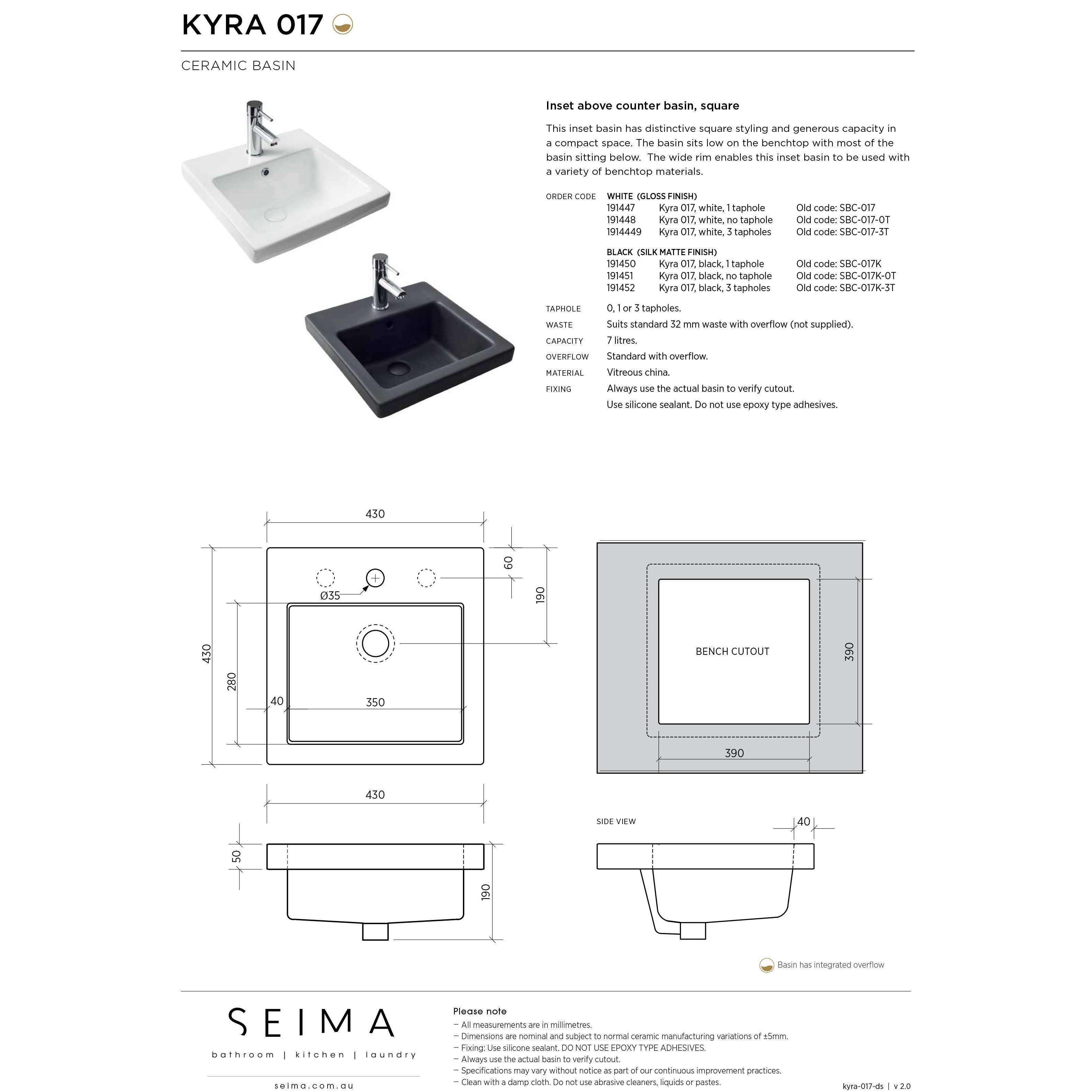 Seima Kyra Above Counter Inset Basin White Sbc-017-1T 430X430X50 - Burdens Plumbing