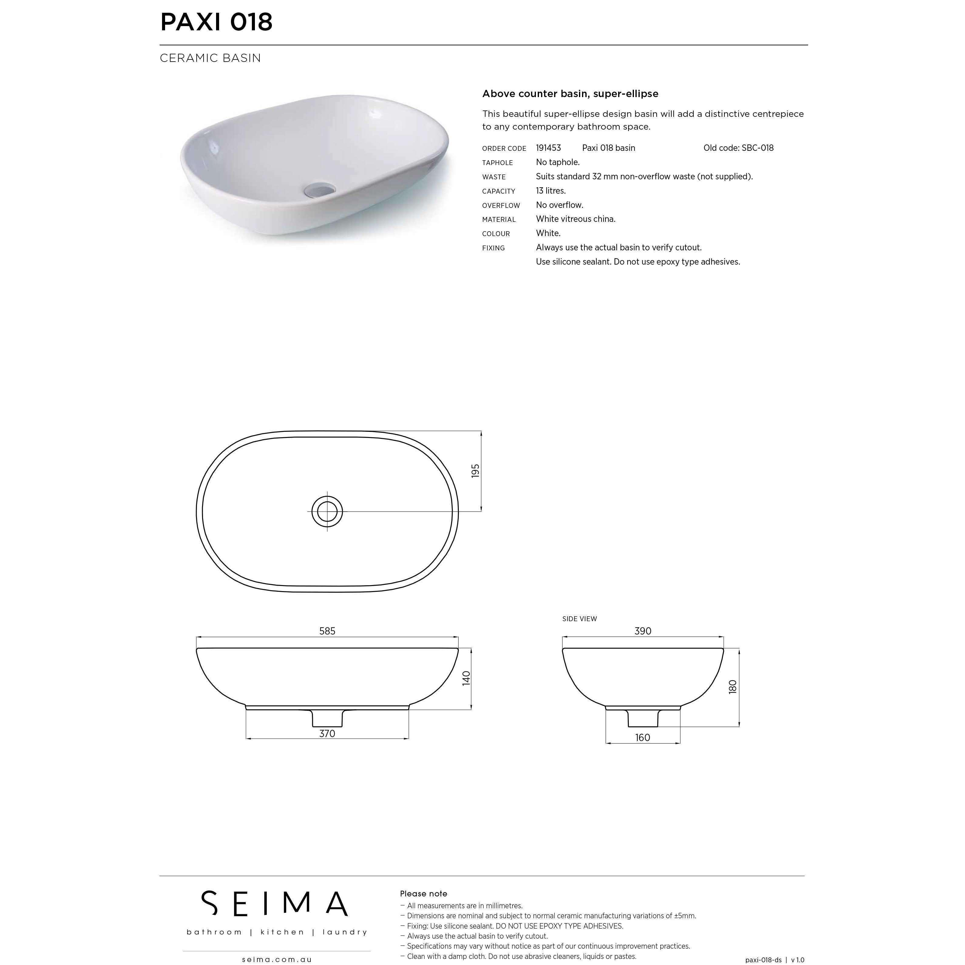 Seima Paxi Above Counter Basin 585 X 390 X 140 White Sbc-018 - Burdens Plumbing