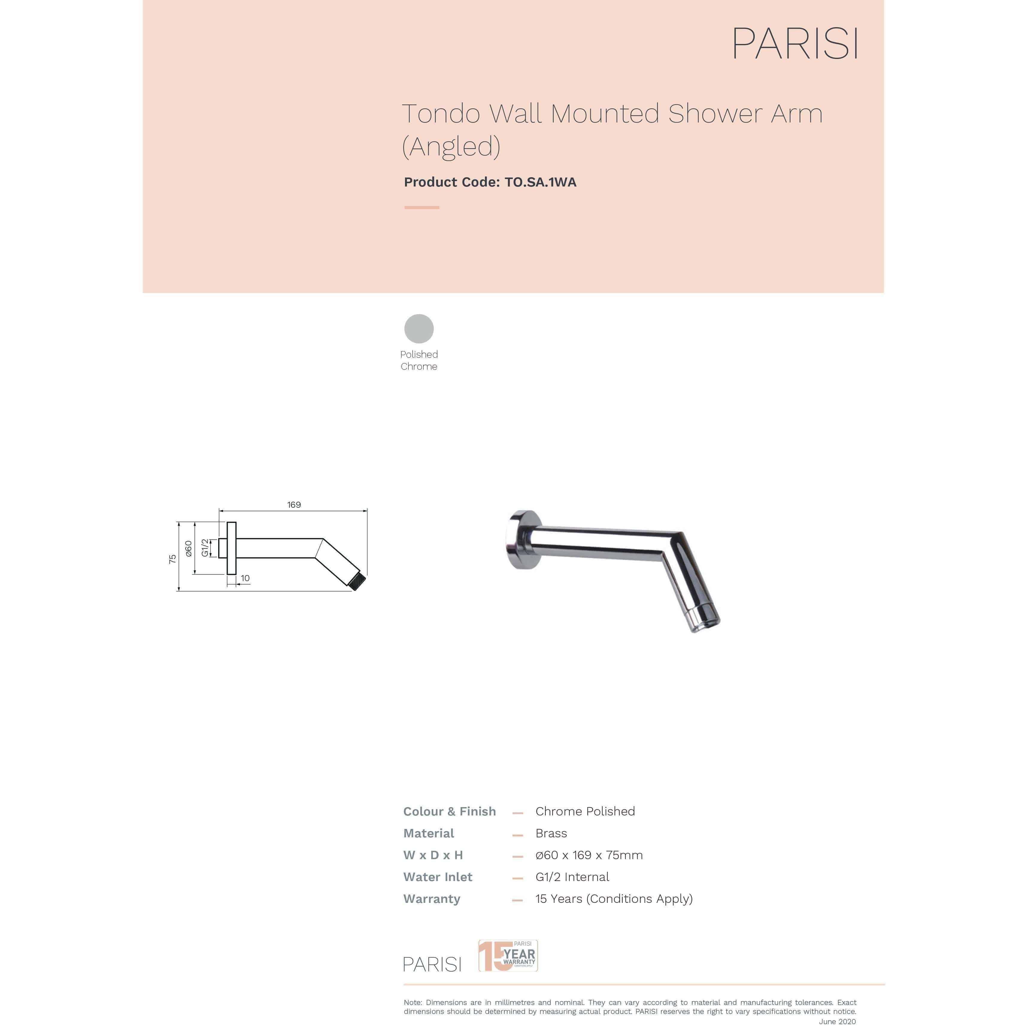 Tondo Wall Shower Arm (Angled)(Tapware Range; Parisi P#:To.Sa.1Wa) - Burdens Plumbing