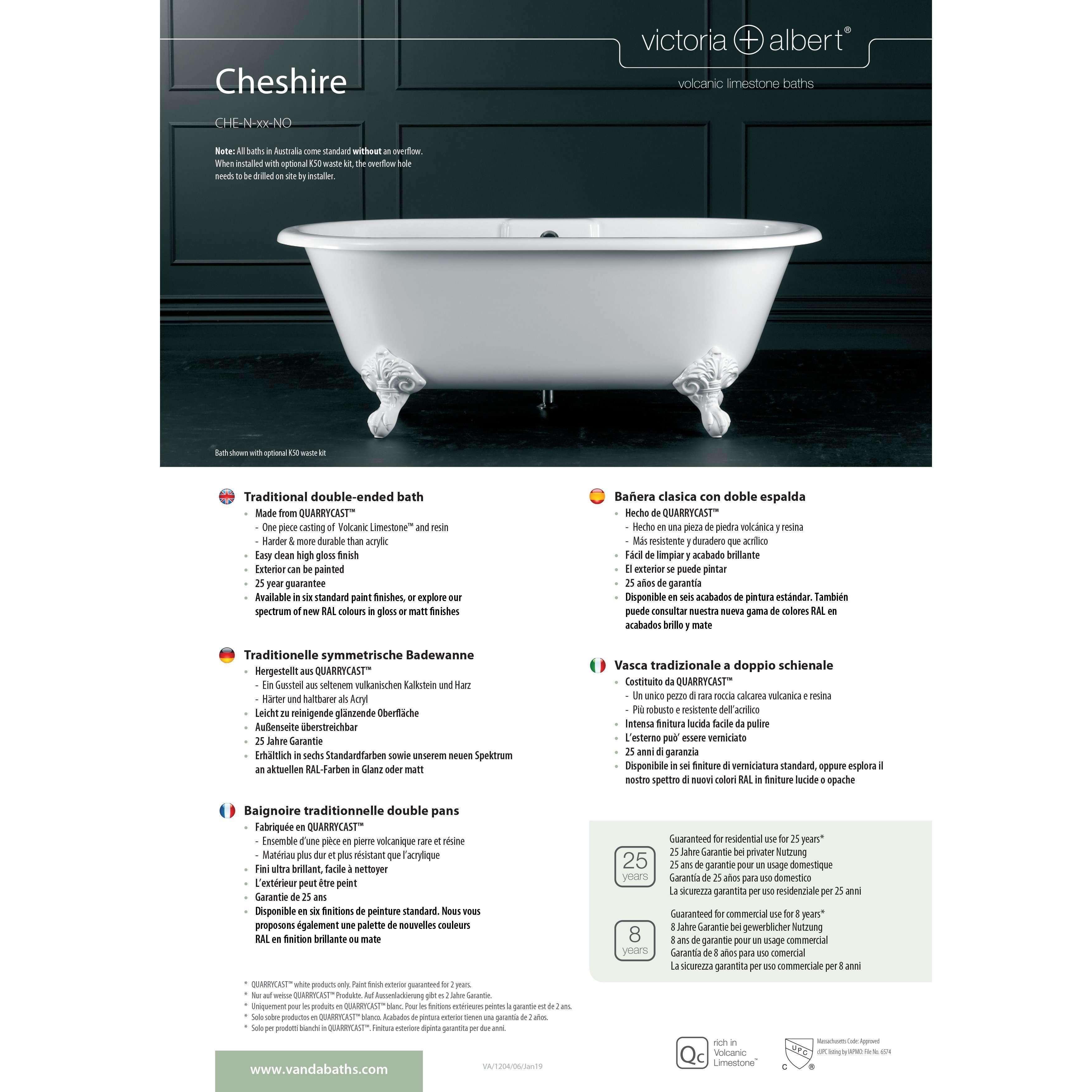 V+A Cheshire Freestanding Bath Adjustable White Metal Ball & Claw Feet - Burdens Plumbing