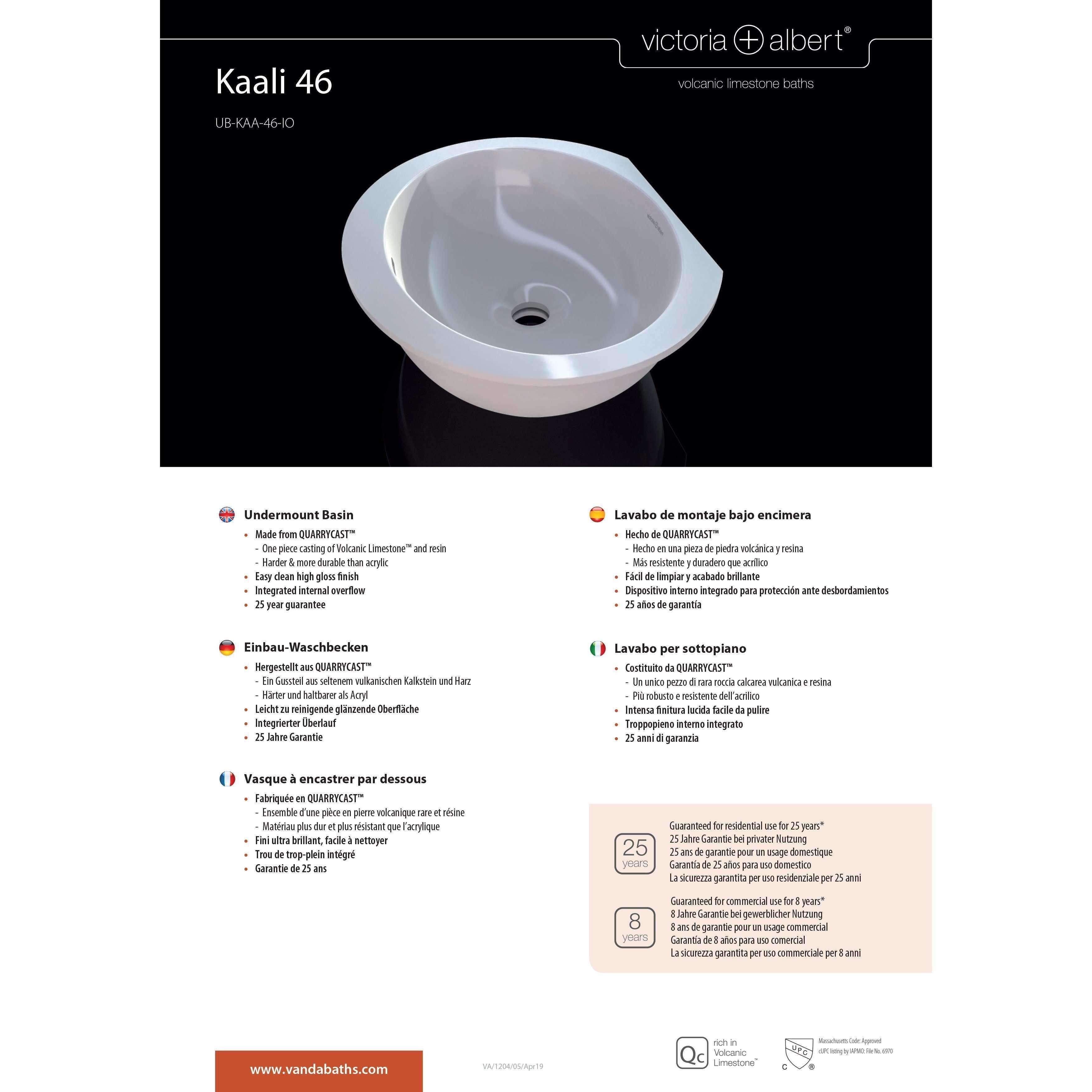 V+A Kaali 46 Undercounter Basin With Internal Overflow Quarrycast White - Burdens Plumbing