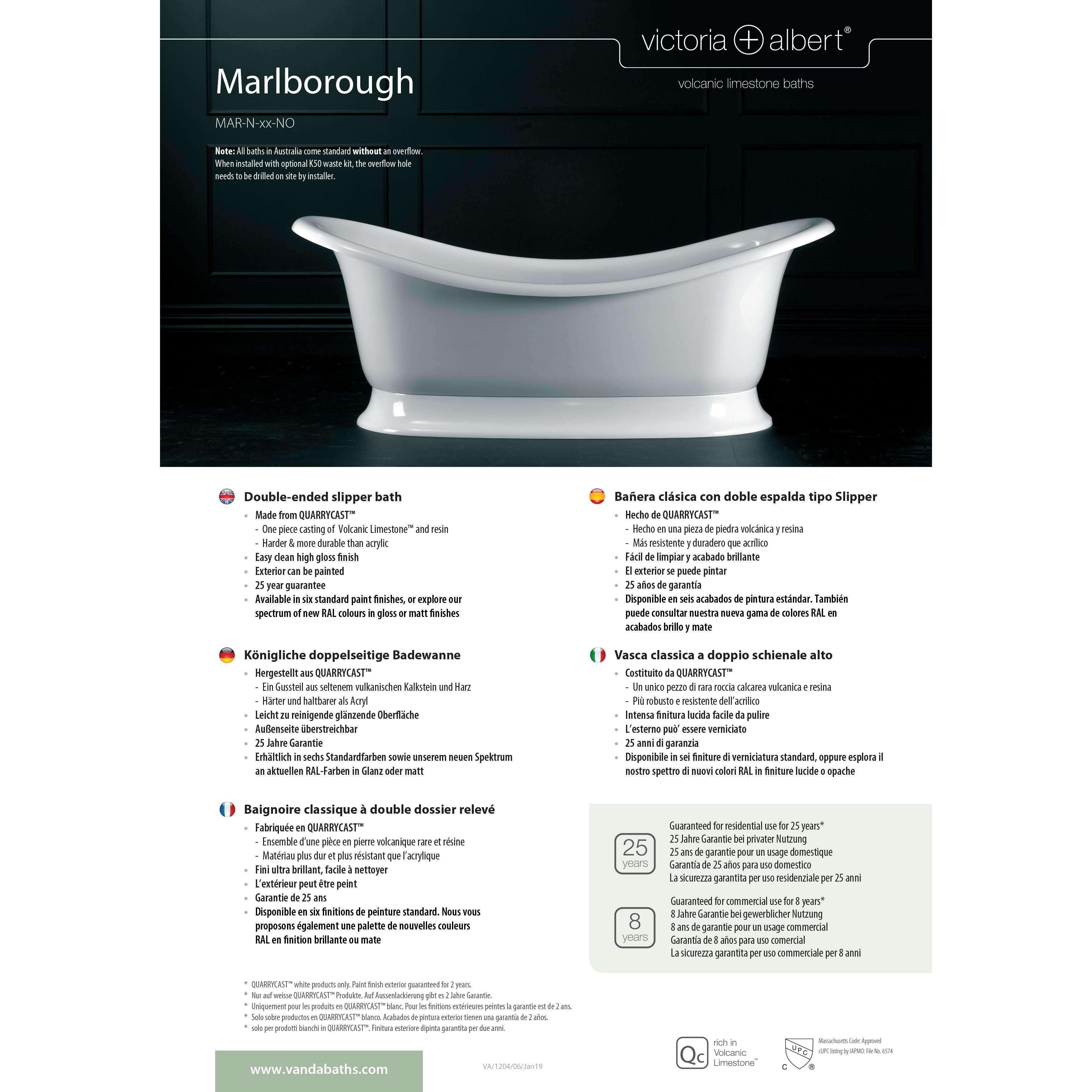 V+A Marlborough Freestanding Bath Quarrycast White - Burdens Plumbing