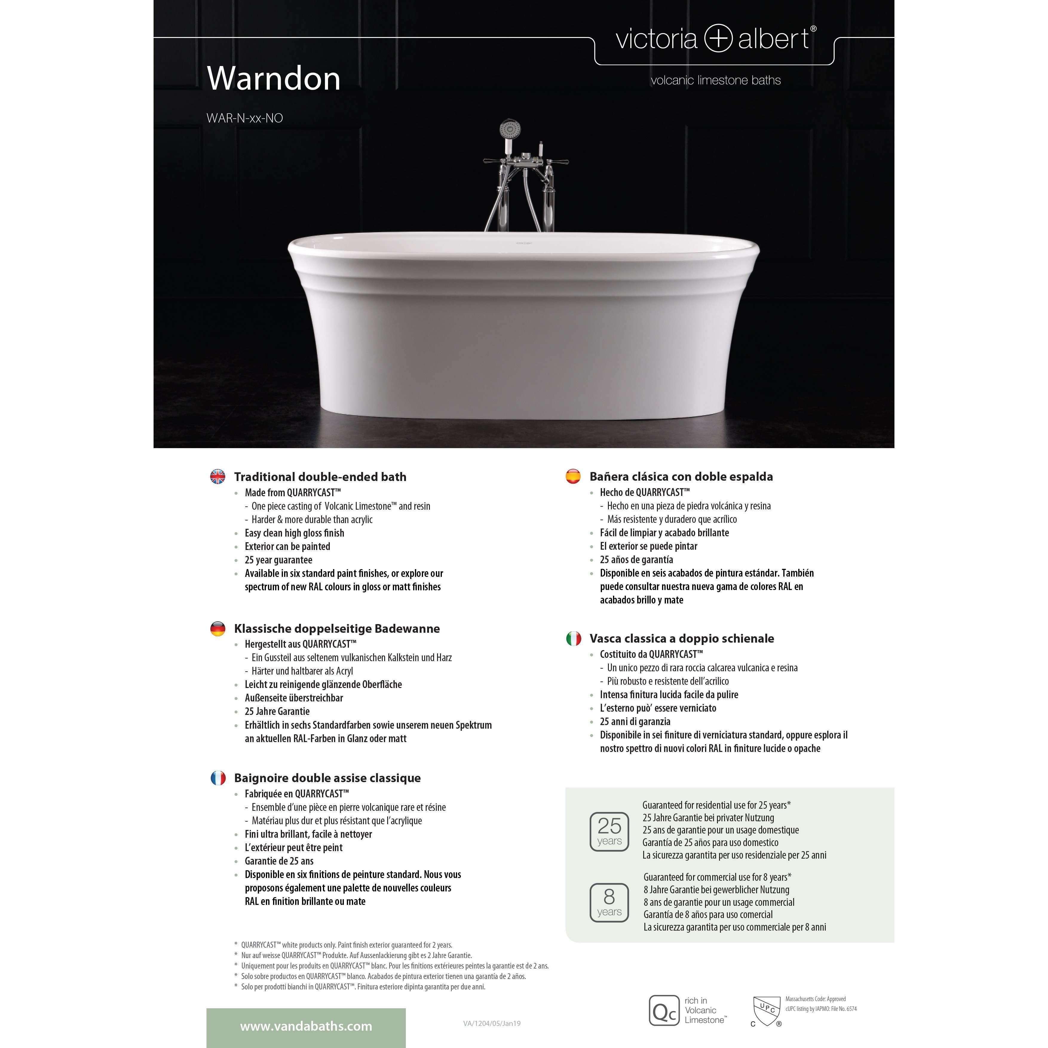 V+A Warndon Freestanding Bath No Overflow Quarrycast White - Burdens Plumbing