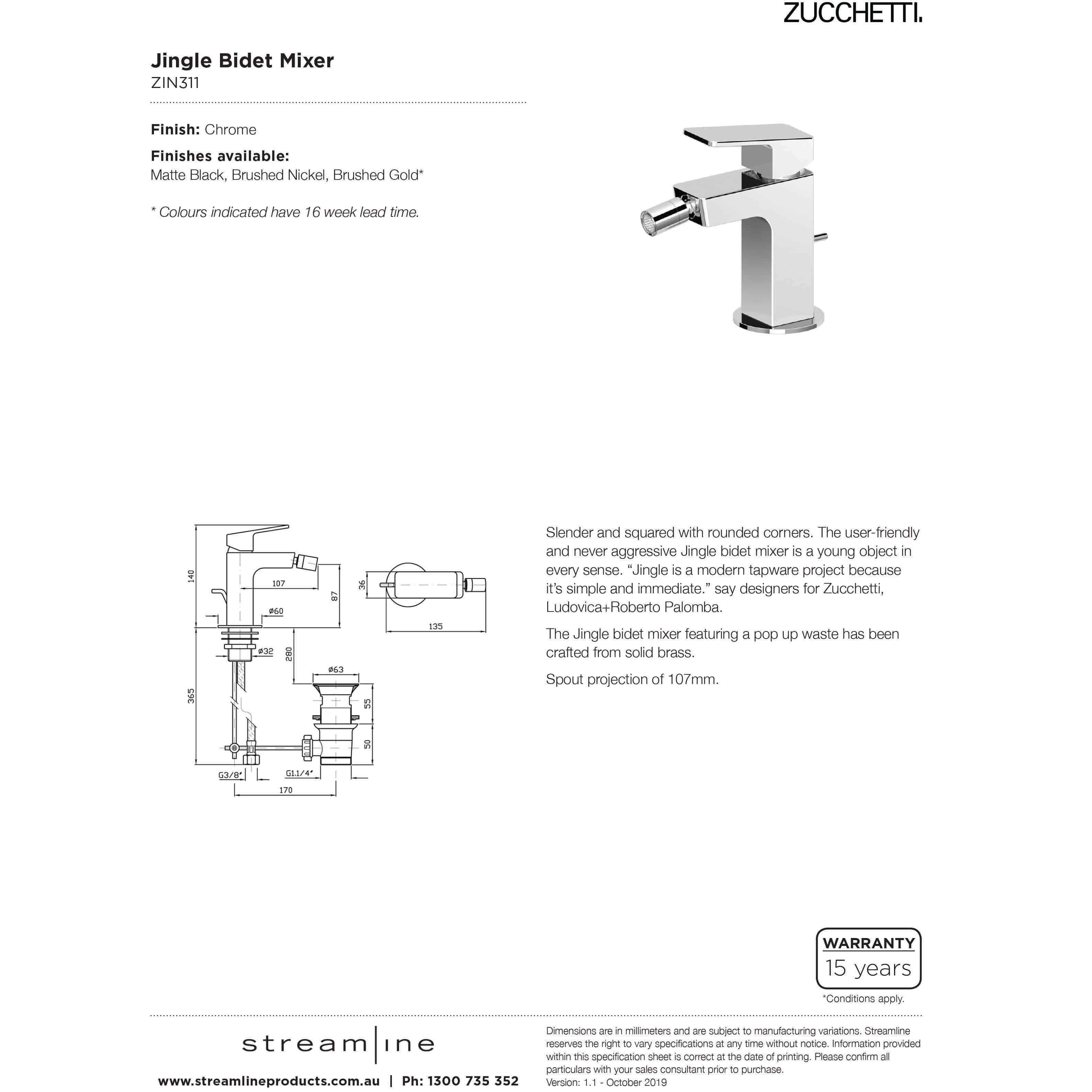 Zucchetti Jingle Bidet Mixer C/W Waste Chrome - Burdens Plumbing