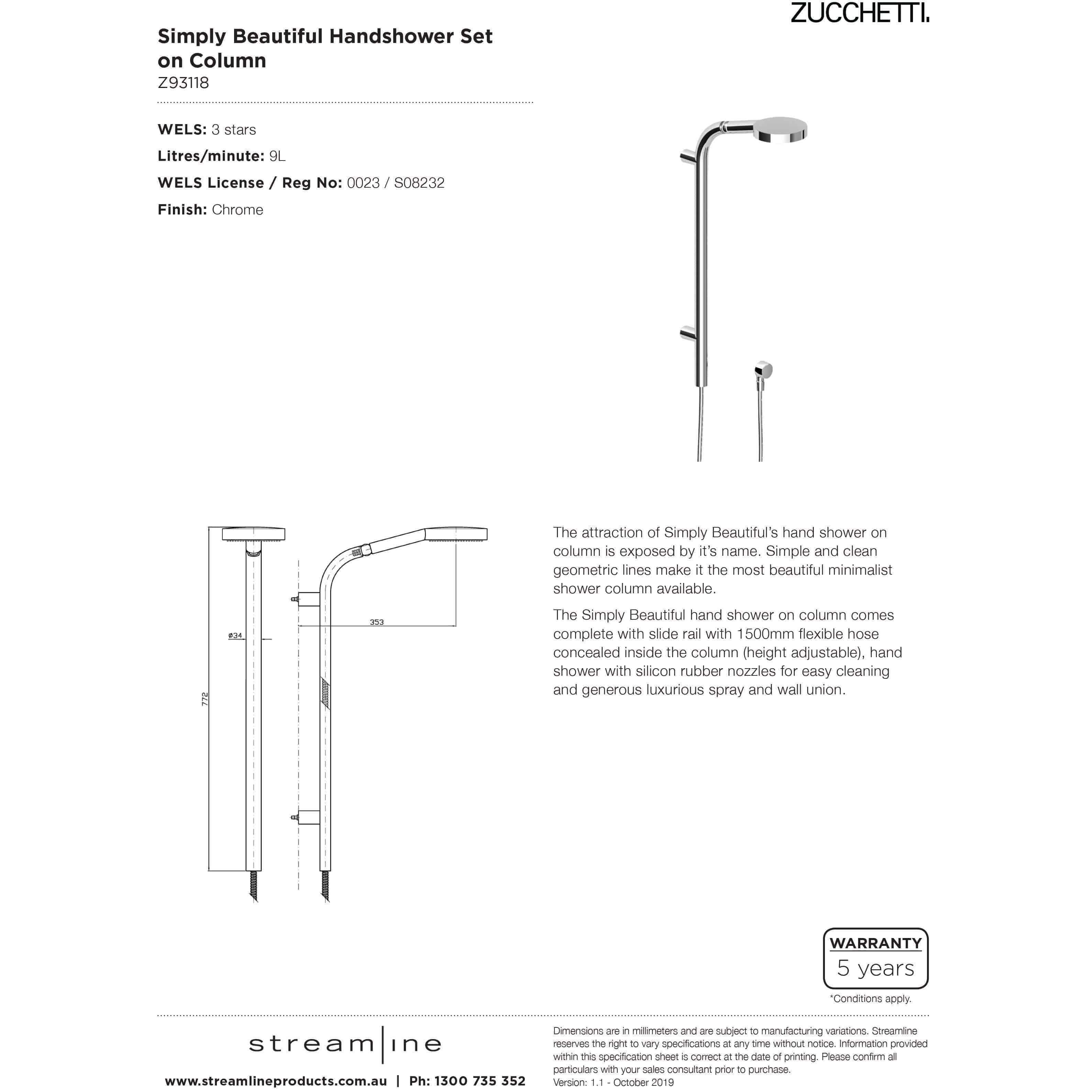 Zucchetti Simply Handshower Set On Column Chrome - Burdens Plumbing